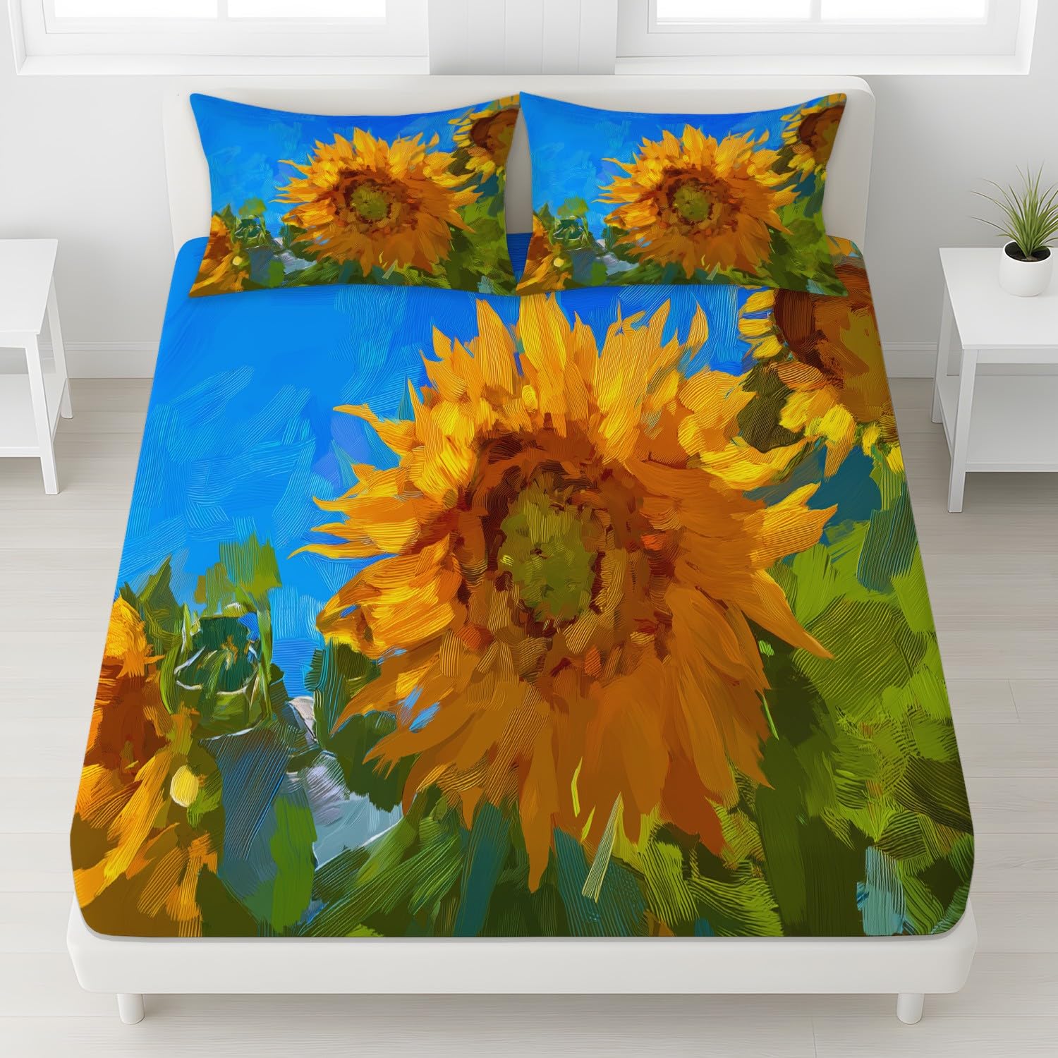 King Fitted Sheets - Bed Sheets Breathable and Luxury Microfibre Bedding Sets 160 x 200 cm, Golden Yellow Sunflowers, Green Foliage Botanical, Vintage Floral, Warm Sunlit, Modern Large Master Bedroom