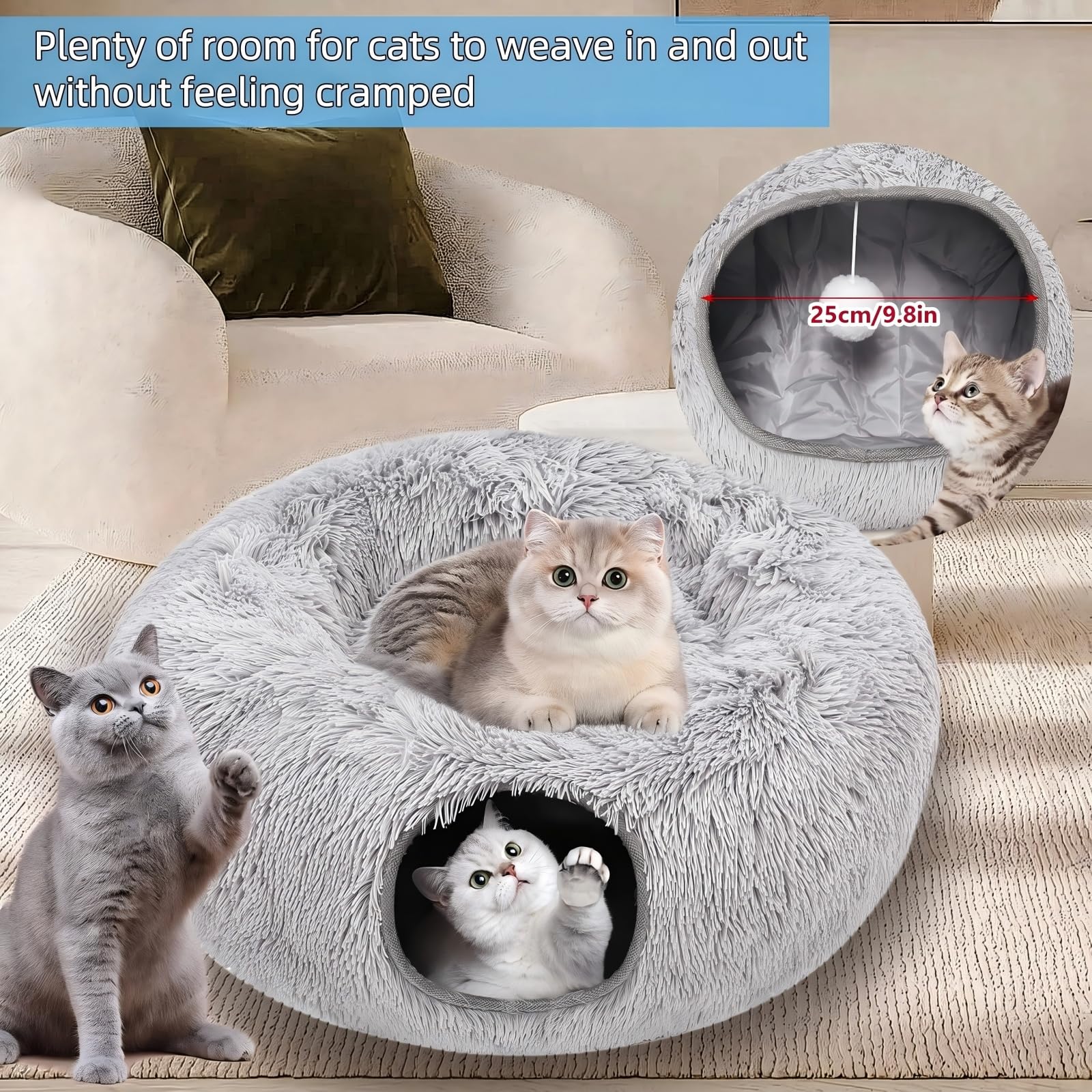Tunnel Chat Pliable 2 en 1 avec Lit De Chat, Tunnel pour Chat D'IntéRieur avec Deux EntréEs Et des Balles Suspendues, Rond Tunnel Multifonctionnel pour Chats, Petits Lapins, Chiots Et Furets