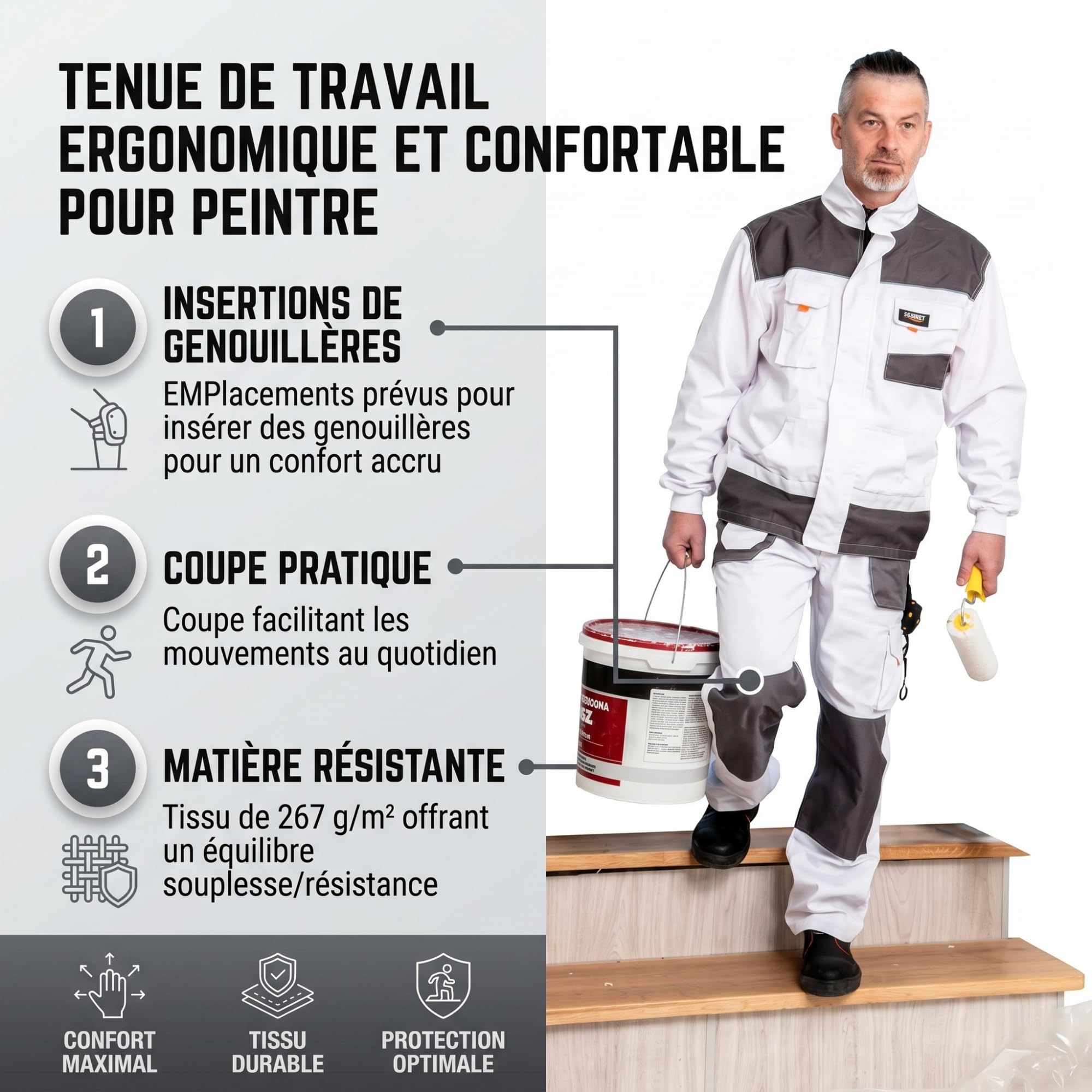 Neo Tools Pantalon de Travail Professionnel (Pantalon, Veste, genouillères) Blanc | Pantalon de sécurité, vêtement Professionnel, Pantalon de Peintre, Taille S à XXL
