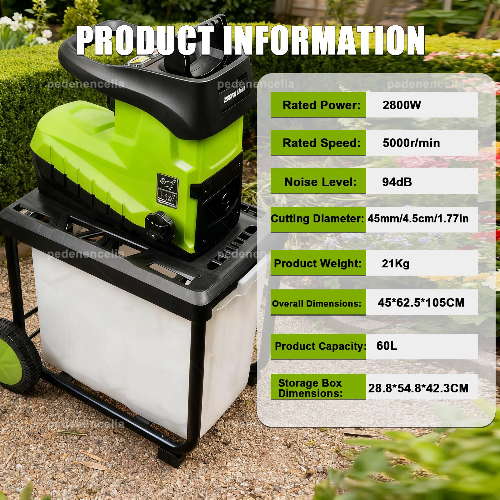 Trituradora Rápida De 2800 W, con Depósito Recolector Desmontable De 60 L, 5000 R/Min, para Ramas De 45 Mm/1,77", Astilladora De Madera, Trituradora Eléctrica para Jardín