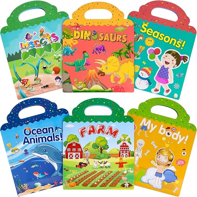 Reusable Sticker Books Toys for Kids - 6 Pack Stickers Books for 2 3 4 Year Old Boys Girls Toddlers, Body Ocean Animal Farm Insect Season Dinosaur Sticker Book Educational Learning Toy Birthday Gifts