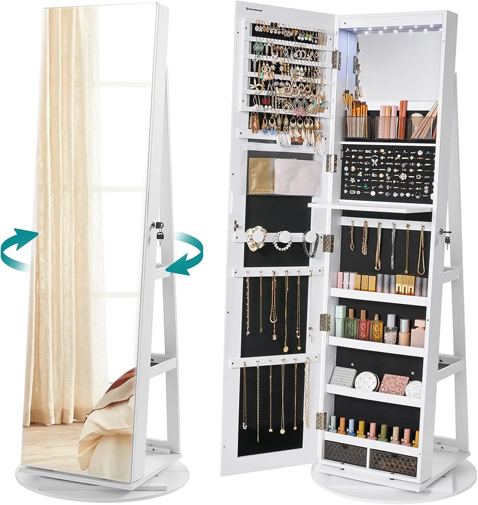 SONGMICS Armoire à Bijoux avec Miroir sur Pieds, Verrouillable, avec 6 LED, Rangement Bijoux Pivotant 360°, Miroir Psyché sans Cadre, 3 Étagères, Surface en Blanc, Doublure en Noir JJC007W01