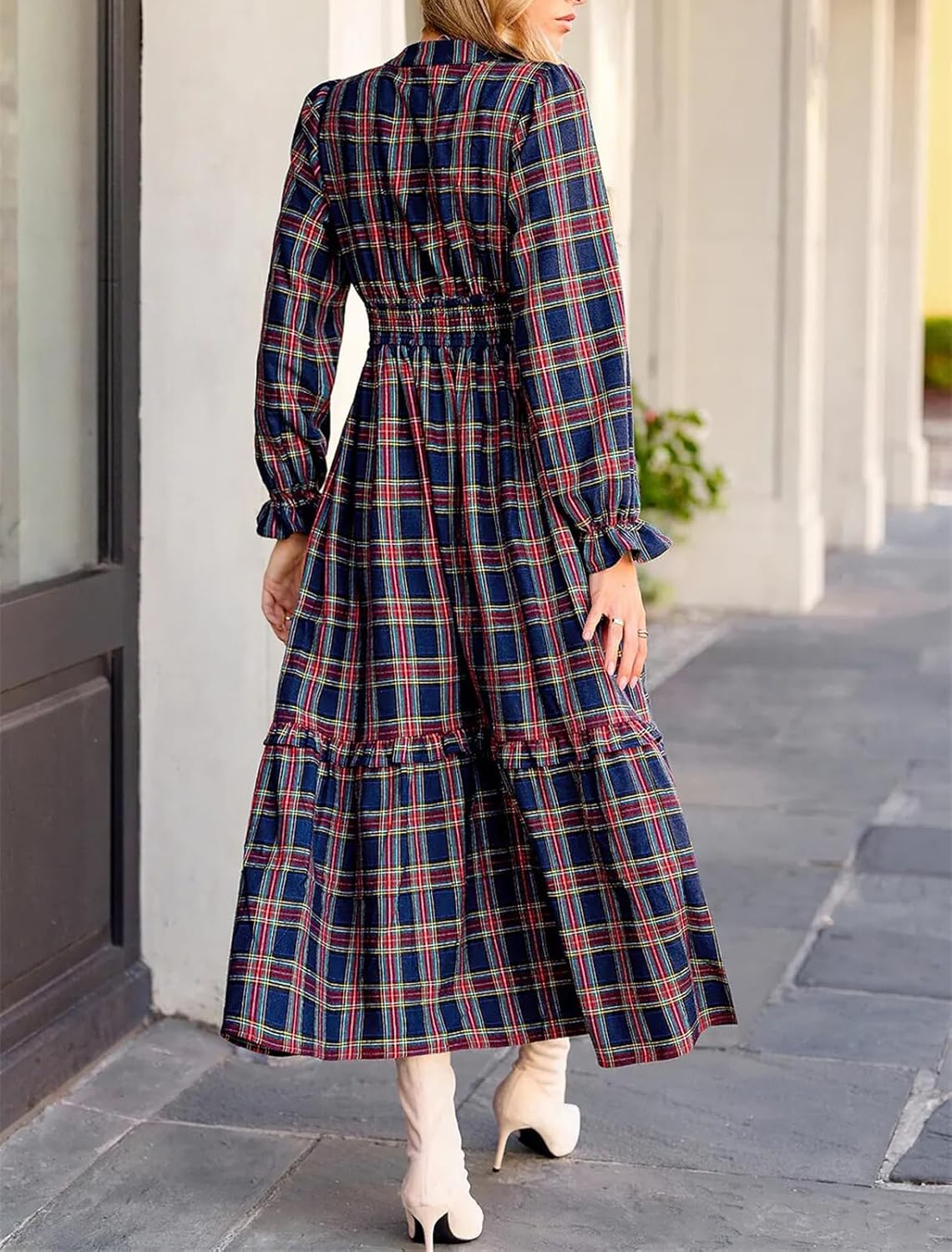 Women's Classic Plaid Ruffle Maxi Dress V Neck Long Sleeve Smocked Waist Fall Casual Dresses - Image 3