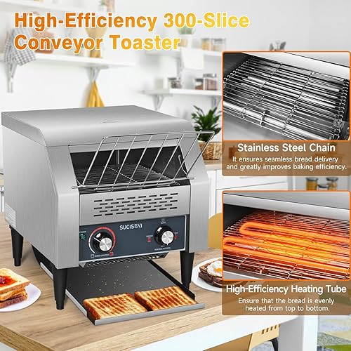 Miniatura 6 de Tostadora comercial de 300 rebanadashora 1900 W, tostadora industrial de alta resistencia, horno eléctrico de acero inoxidable con tubo de