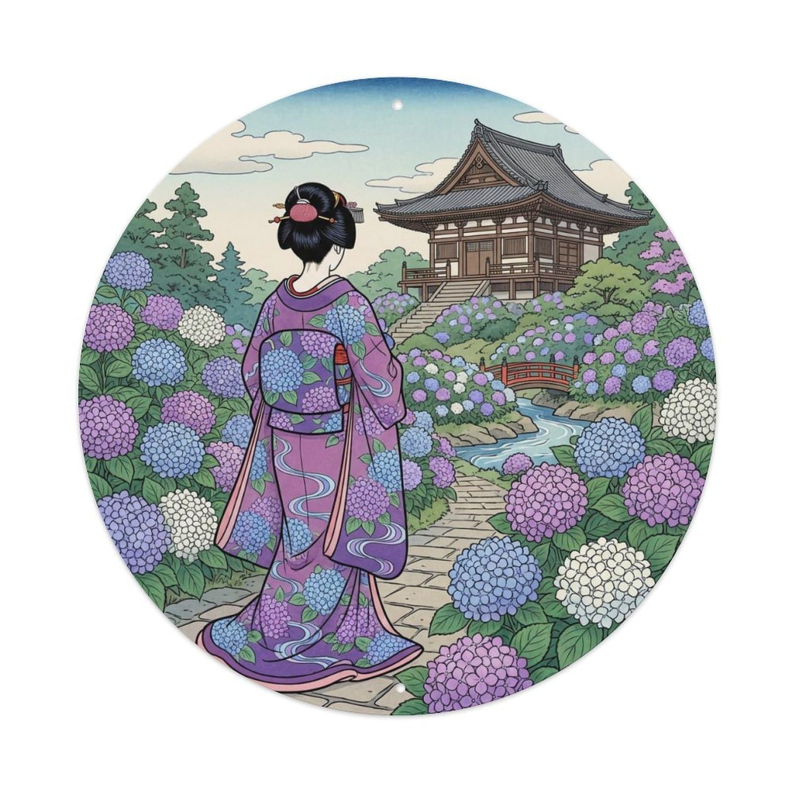Yrnq 8X8inch Vintage Style Japanese Geisha Hydrangea Garden Summer Classic View Metal Tin Sign