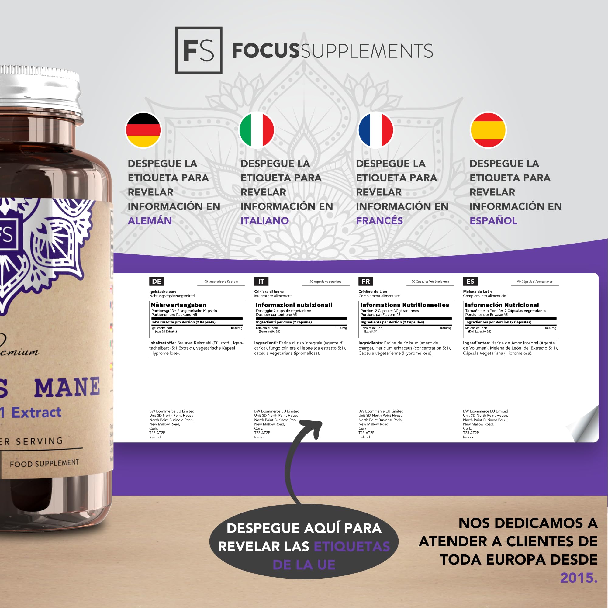 FS Melena de Leon | 180 Lions Mane Capsules | Melena de León Capsulas | 1000mg de Hongos Lion's Mane de Alta Potencia por Porción | Sin OGM, Gluten, Lácteos y Alérgenos | Fabricado en el RU
