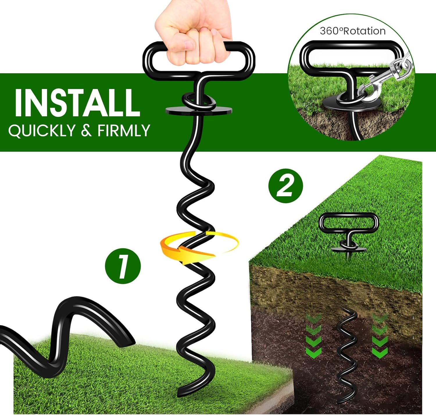 Heavy duty dog stake review - close-up of 9mm rustproof screw thread and 360° swivel ring