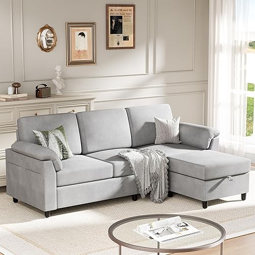 Meilocar Sectional Sofa Couch for Living Room, 79" Sectional Couch with Storage Ottoman, L Shaped Couch with Armrests Side Storage Pockage, 3-Seat Sofa Couches for Living Room, Apartment, Light Grey