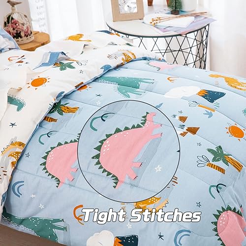 Miniatura 5 de DJY Juego de ropa de cama de algodón de 4 piezas, juego de edredón de dinosaurio para niños y niñas, incluye edredón reversible azul y blanco,