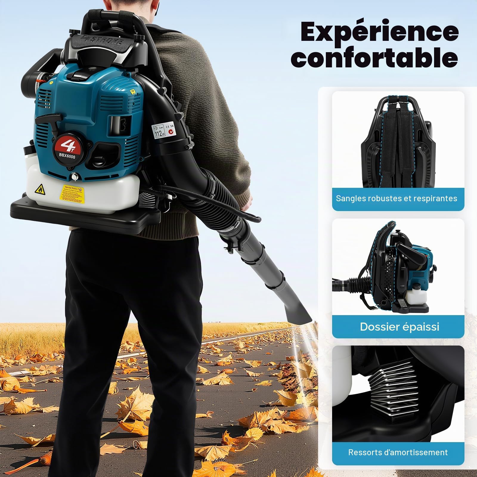 Sac à dos souffleur à essence, moteur 4 temps, 2,6 kW, 7000 tr/min, réservoir de 1,9 l, sortie ignifuge réglable à 180°, pour feuillage/neige, structure légère de 27,3 kg, avec système de