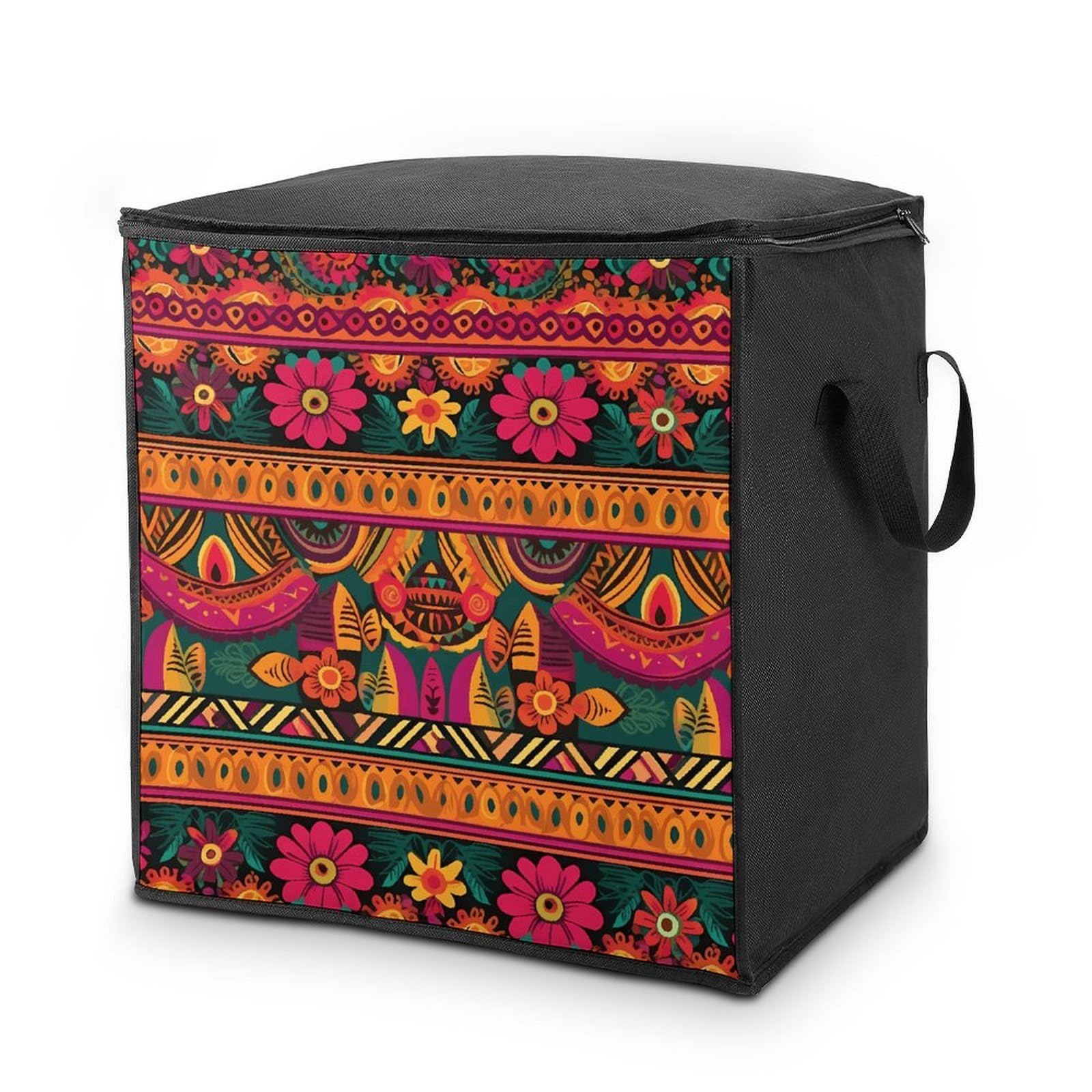 Mexican Folk Art Boho Storage Bag with Zippers And Handle Extra Large Bedding Comforter Storage Bag Foldable Blanket Storage Bags Fabric Moving Bags for Closet Organizer (70L)