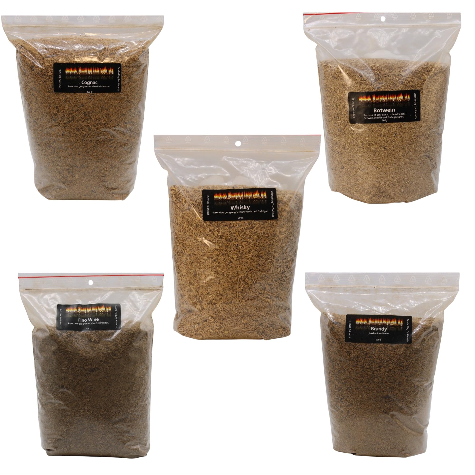 Smoking chips set, mix of barrique barrels / oak barrels, 5 x 200 g, smoking flour, red wine, smoking dust, brandy, smoking meal, Fino smoking dust, cognac and whisky smoking dust together 1 kg BBQ