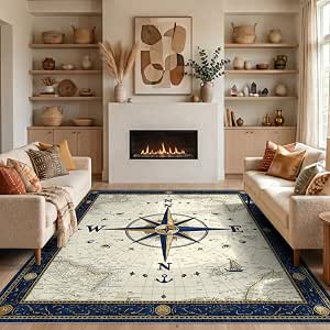 5' x 7' Cream and Deep Blue Compass Round Antique Washable Area Rug