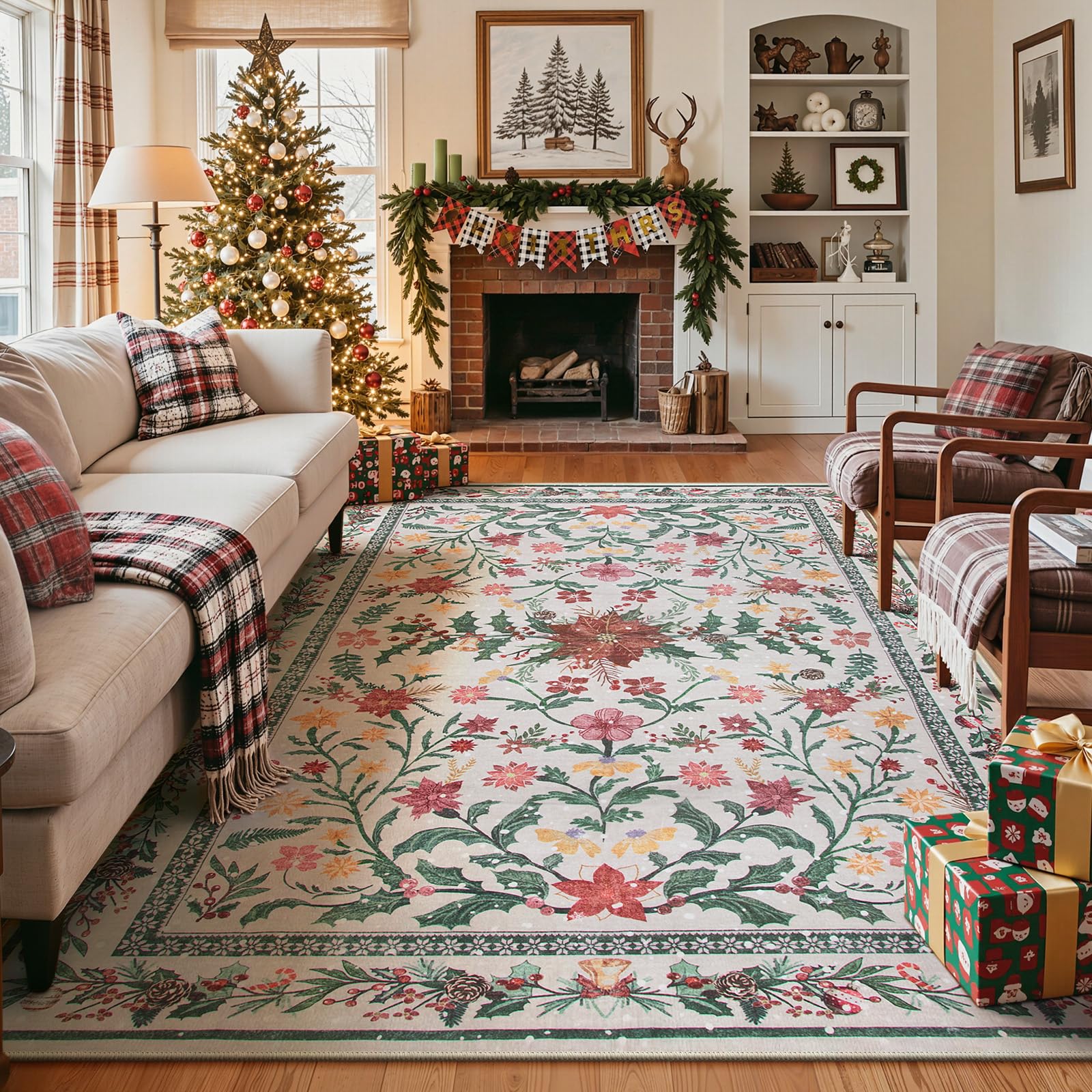 Photo 1 of ***STAIN*** Wonnitar Christmas Rug for Living Room, Christmas Home Decor 8x10 Washable Rug, Ultra-Thin Soft Holiday Floral Print Non Slip Winter Indoor Carpet for Bedroom Kids Room Xmas Dining Room