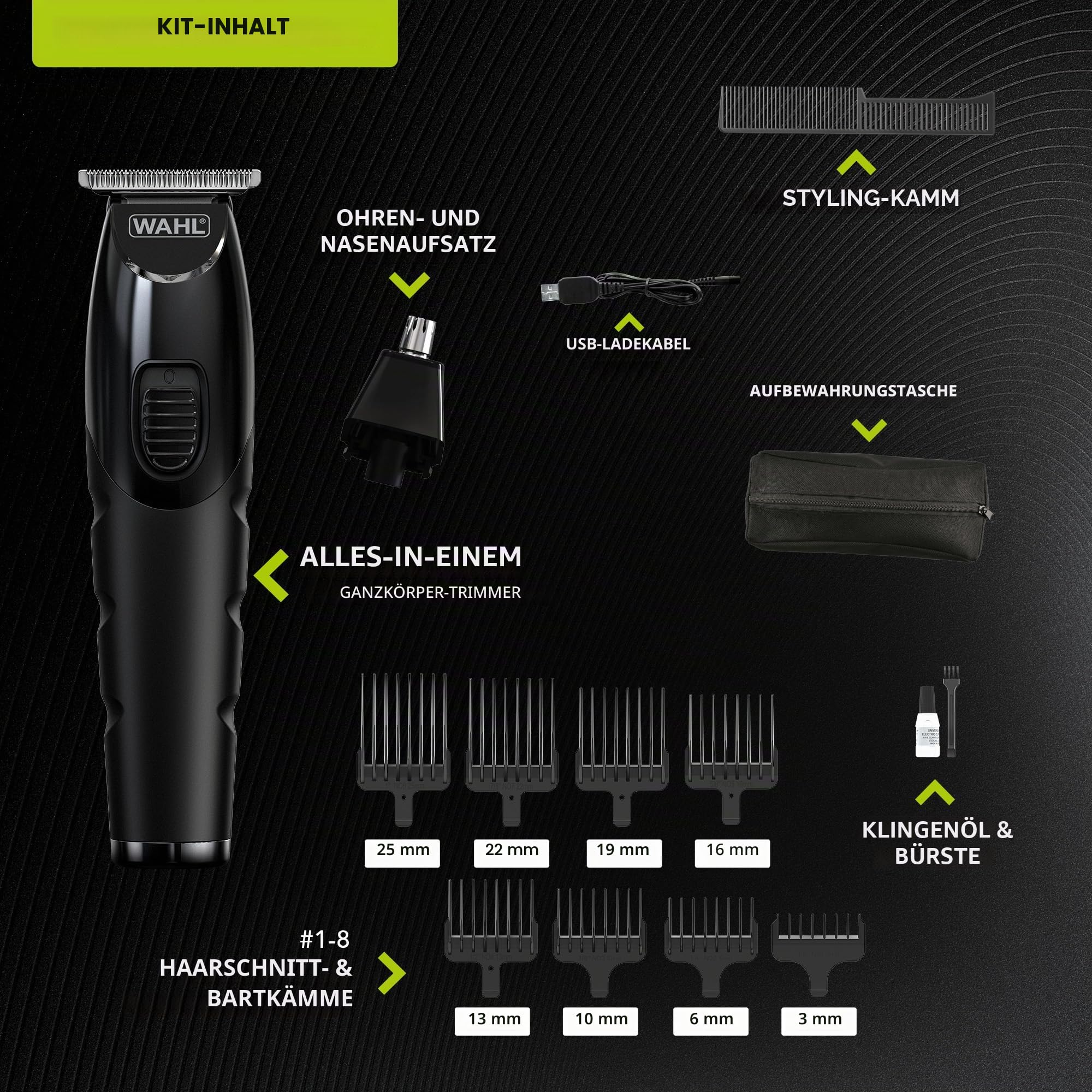 WAHL All in One Trimmer, für Haare, Bart, Ohren, Nase &Körperpflege, leistungsstarker Lithium-Akku, abwaschbare Aufsätze, breiter T-Schneidsatz, Schnittlänge 0,5 mm - 25 mm, 210 Minuten Akkulaufzeit
