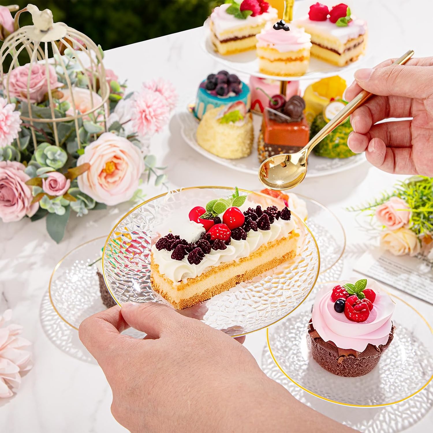 Rubtlamp 100 Pack Clear Gold Plastic Dessert Plates, 6Inch Clear Gold Small Appetizer Plates With Hammered, Heavy Duty Disposable Salad Plate, Elegant Cake Platos for Wedding, Birthday, Teatime - Image 6