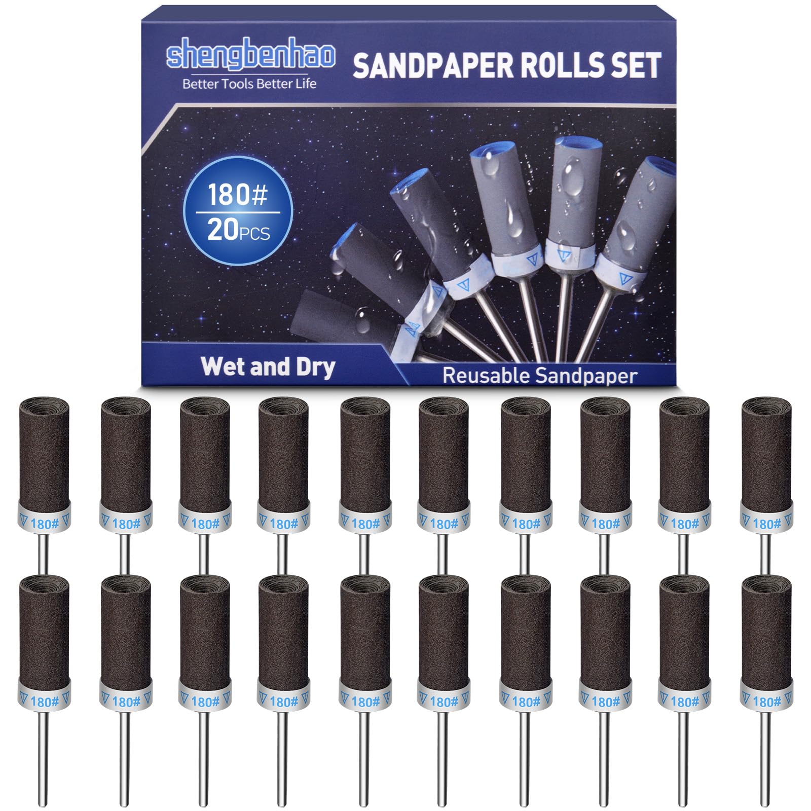 shengbenhao 20PCS 180 Grit Sanding Drums Sandpaper Sticks Set Compatible with Dremel Rotary Tool Accessories with 1/8 inch Shank for Metal Rust Removal/Jade Polishing/Stone Grinding/Sanding