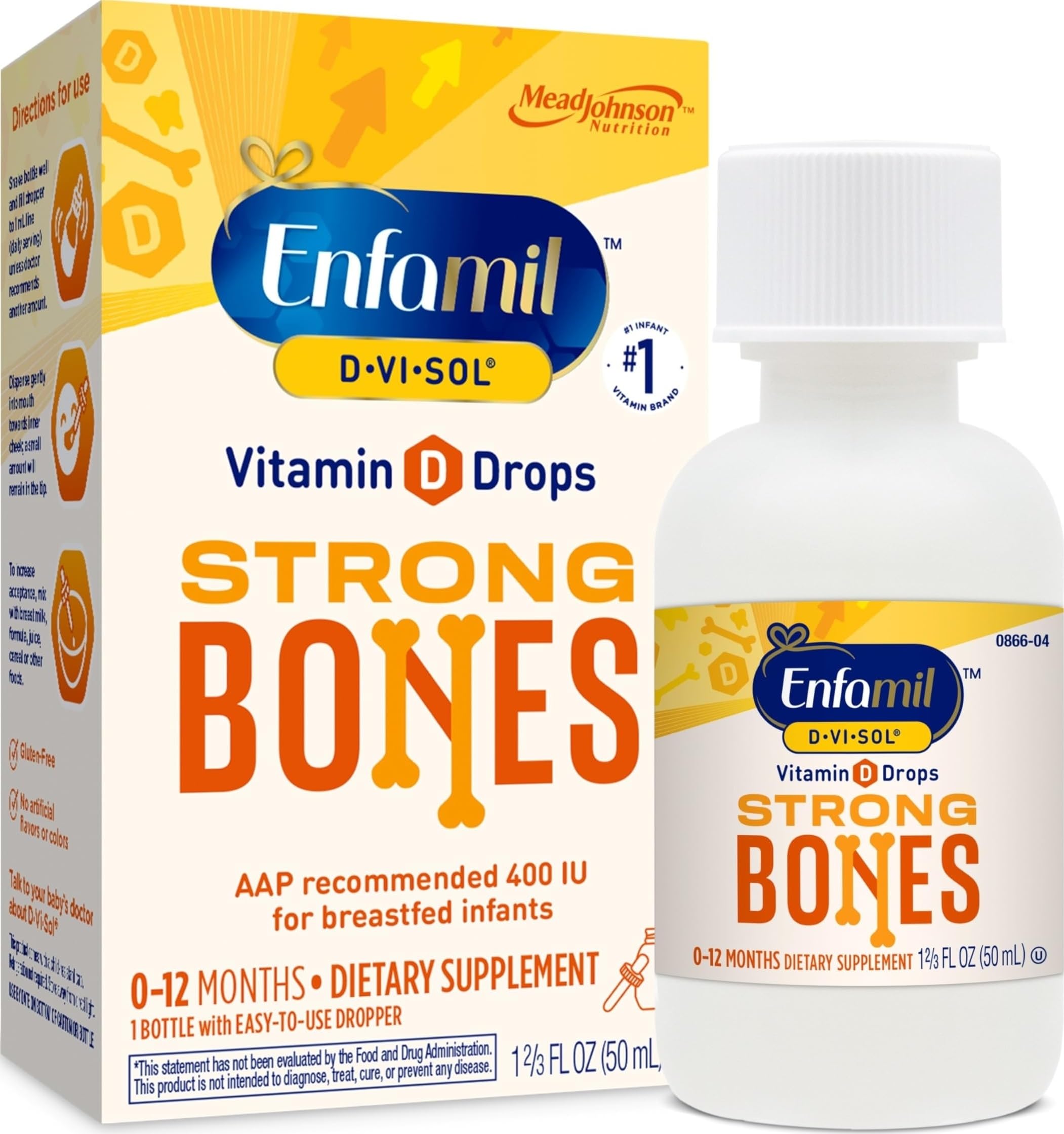 Enfamil Baby Vitamin D-Vi-Sol Liquid Supplement Drops for Infants, Supporting Strong Teeth & Bones in Newborn Babies, Easy-to-Use, Gluten-Free, 50 Day Supply, Dropper Bottle 1.69 Fl Oz (Pack of 1)