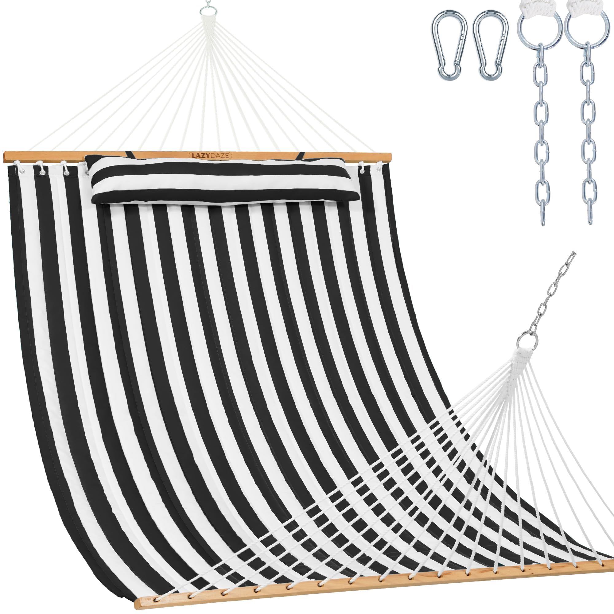 Lazy Daze Hammocks Amaca doppia in tessuto trapuntato da 3,7 m con barra di spalmatura in legno duro, cuscino staccabile e moschettoni per esterni, amaca per 2 persone per esterni, capacità 204 kg