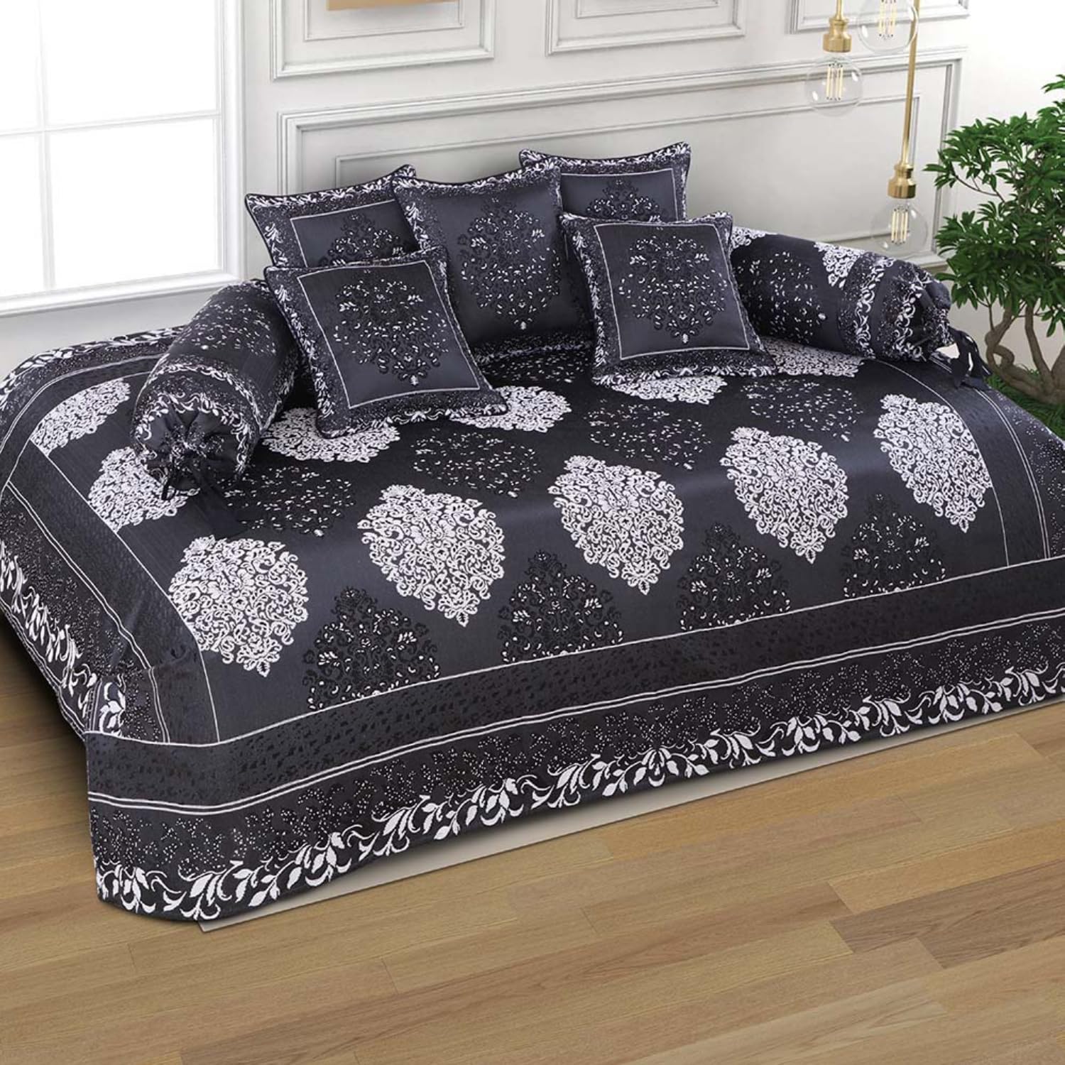 Victor Poly Cotton Styria Satin Diwan Set 8 Pcs (1 Bedcover - 60"x90", 2 Bolsters - 16" x 32" & 5 Cushion Covers - 16" x 16") Damask Geometrical Pattern, Exclusive for Wedding, Coffee (B08FB8KVSC) Amazon Price History, Amazon Price Tracker