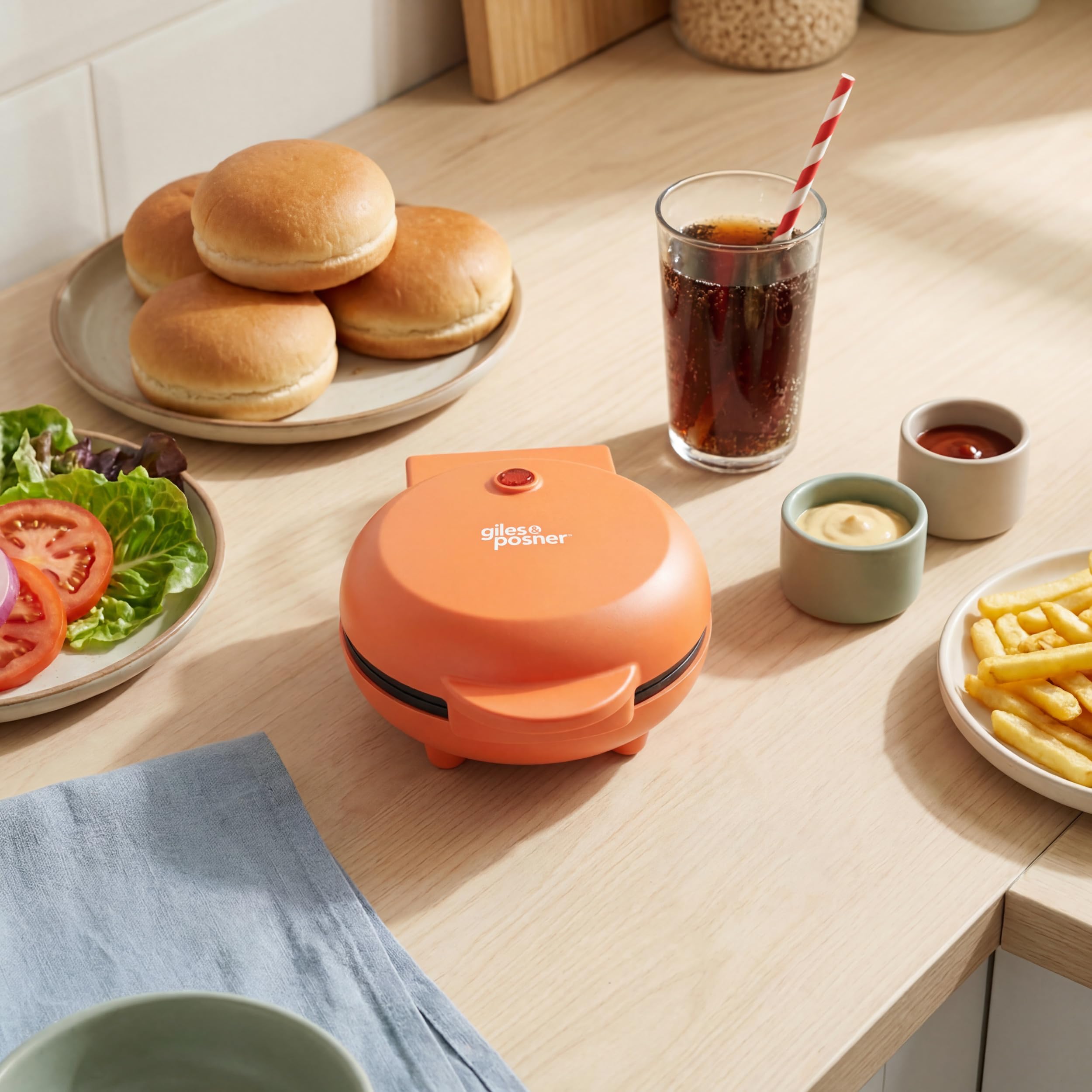 Giles & Posner Funfair Mini Griddle – Bez PFAS, nieprzywierające płyty do gotowania, gotowanie bez oleju, burgery, panini, muffiny śniadaniowe, 2 minuty nagrzewania, 11,5 cm, 55W, pomarańczowy