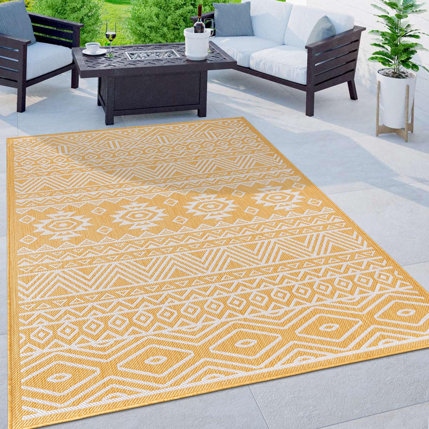 Rugshop Lecce Distressed Geometric Bohemian Textured Flat Weave Easy Cleaning Outdoor Rugs for Deck,Patio,Backyard Indoor/Outdoor Area Rug 5' x 7'