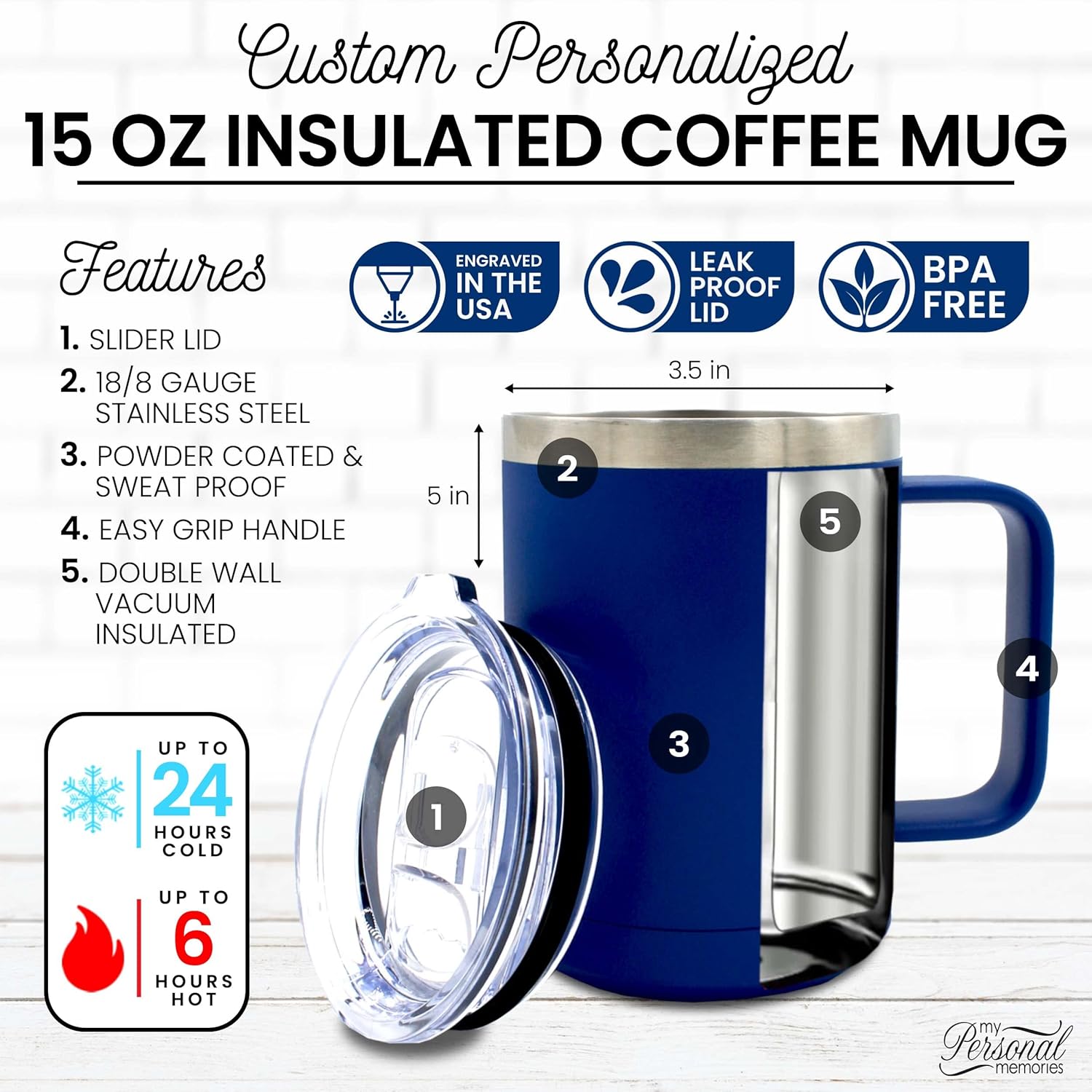 My Personal Memories Custom Personalized and Engraved 15 oz Insulated Travel Tumbler Coffee Mug with Handle and Lid - Customized To Go Cup (Royal Blue) - Image 2