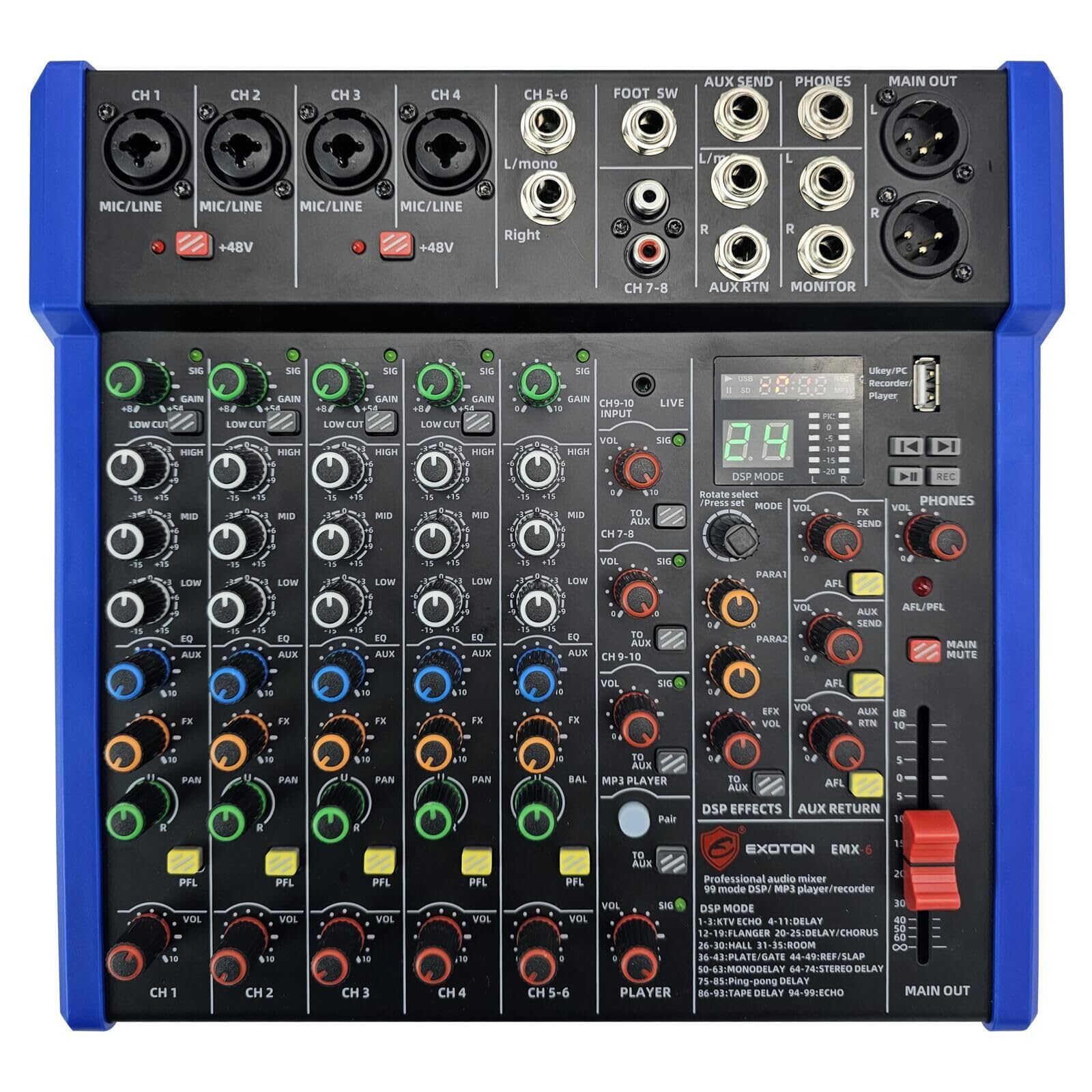 EXOTON EXOTON Professional Audio Mixer Console, 6 Channel with USB, Bluetooth, MP3 Input, 48V Phantom Power, Ideal for Studio, Live Performance, and DJ Use