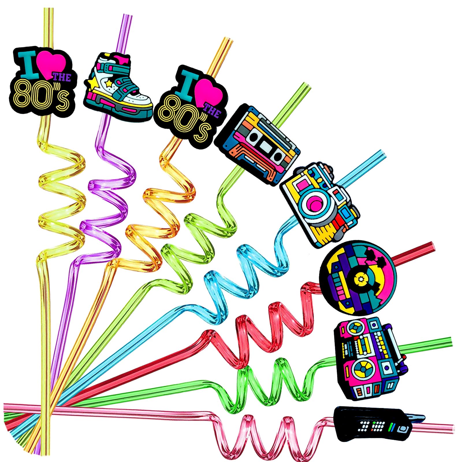 24pcs 80s Party Favors Retro Straws Hip Hop Themed Music Party Decorations Straws 80s Radio Speaker Phone Tape Supplies With 2 Brushes 8 Color