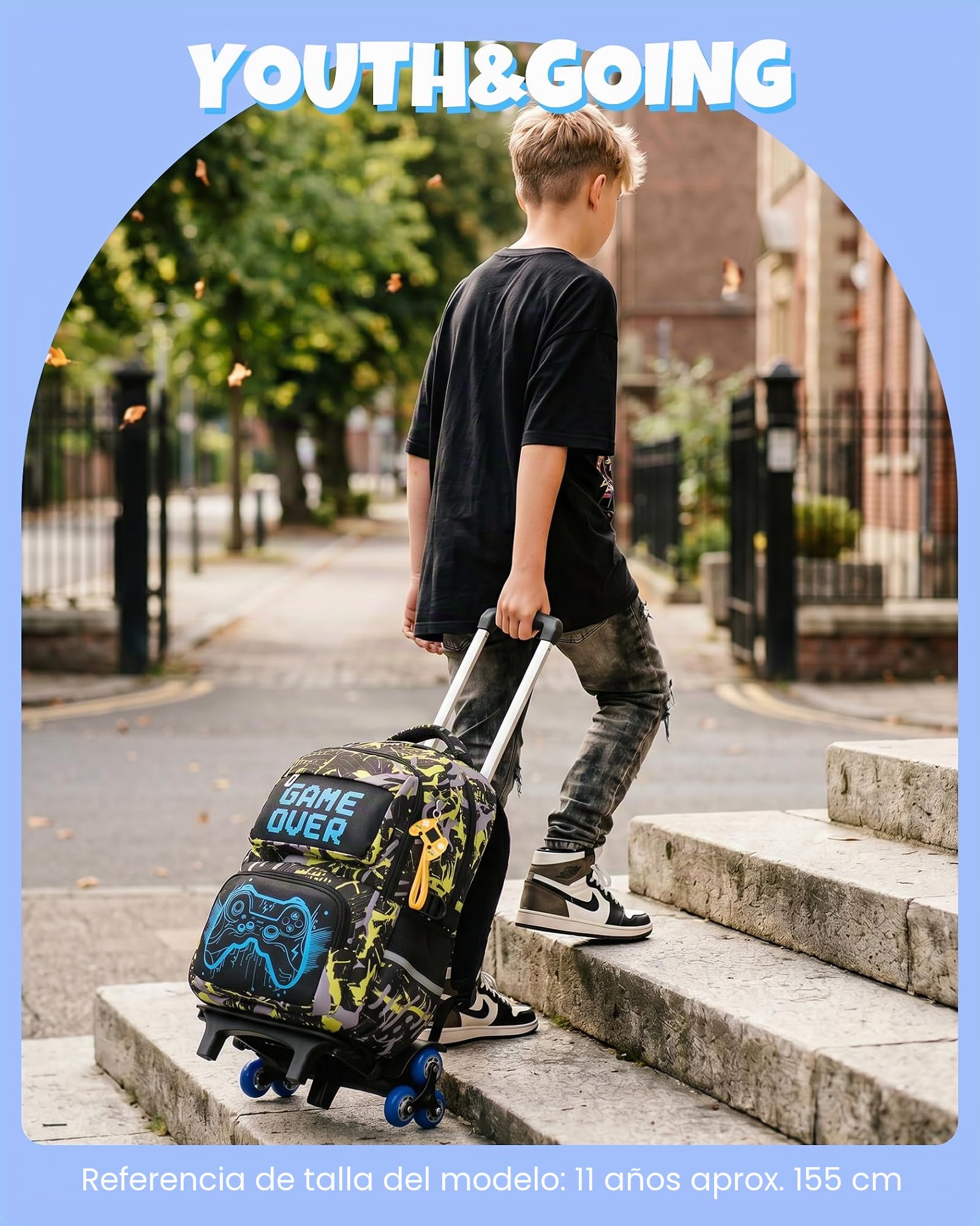 Amythe Mochila Trolley Niños 8 a 12 Años con 6 Ruedas Luminosa, Amarillo | Impermeable Grande Reflectante Ligero Amarillo Daypack Multi-Bolsillos Espacioso Resistente para Colegio Viaje Excursión