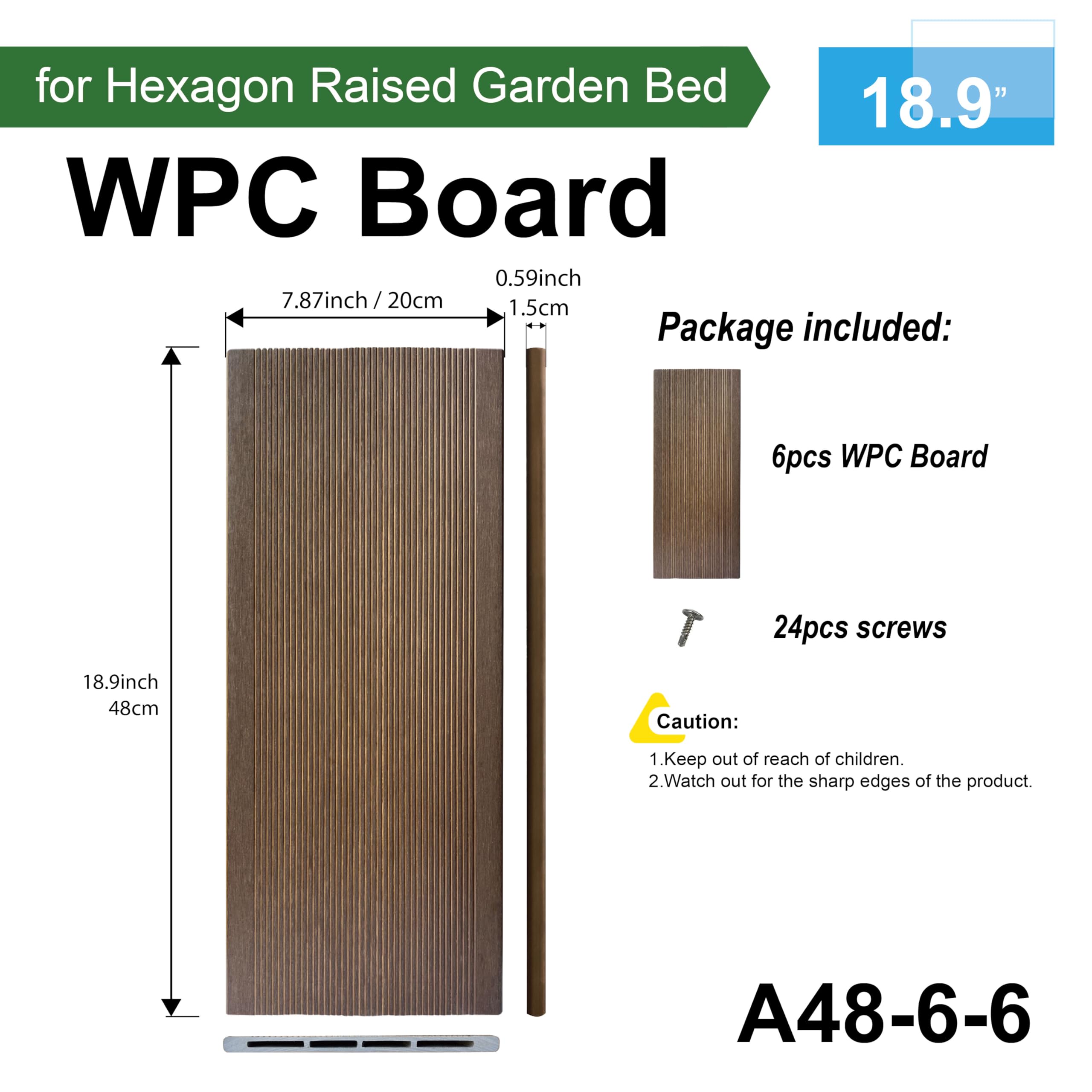 Aluco Wood WPC Board Kit for Hexagon Raised Garden Bed, Plates for Planter, Durable, Easy Assembly, 6Pack and Complete with 24 Screws (7.87inches X 18.9inches)