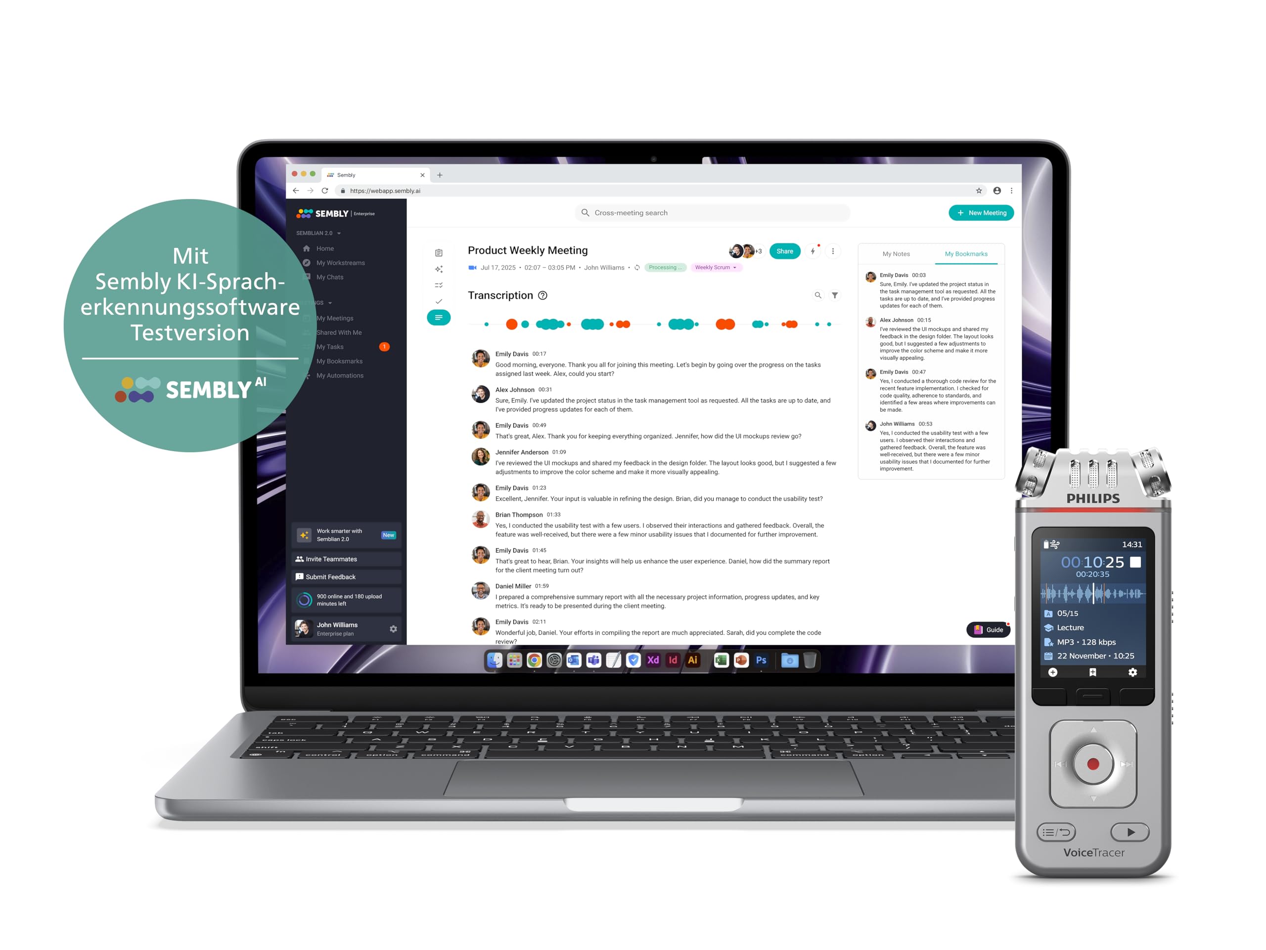 Philips DVT4115 VoiceTracer, Audio Recorder, MP3/PCM, 3 HiFi-Mikrofone, exzellente Fernaufnahme, Inkl. Sembly AI-Testlizenz: Transkription & KI-Zusammenfassungen