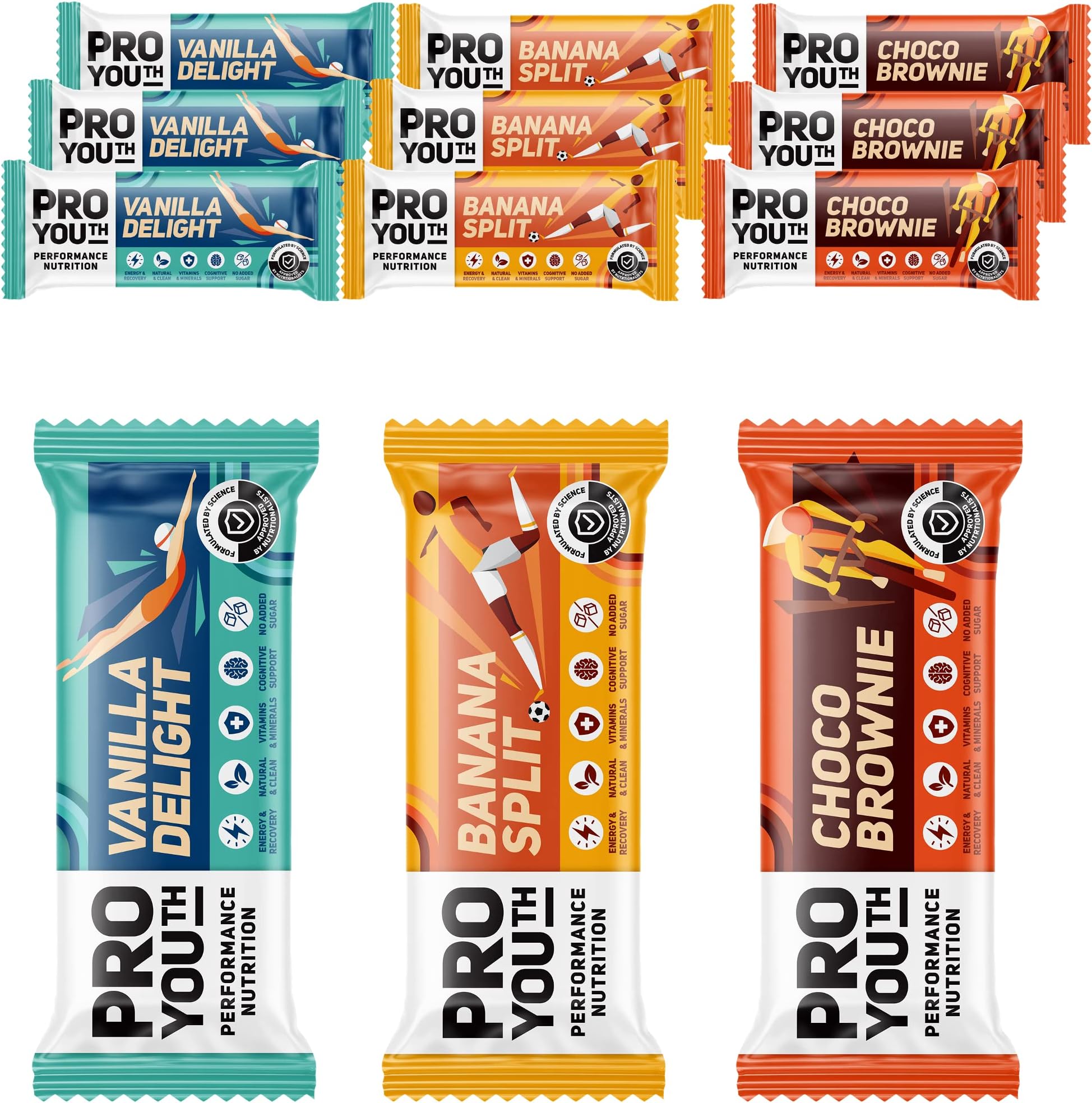 ProYouth Mixed Pack Energy Bars with Whey Protein - Healthy Energy Bar for Kids - Lunch Box Healthy Snack - Natural Protein Bars - Chocolate, Vanilla & Banana (Mixed Box 12x60g Bars)