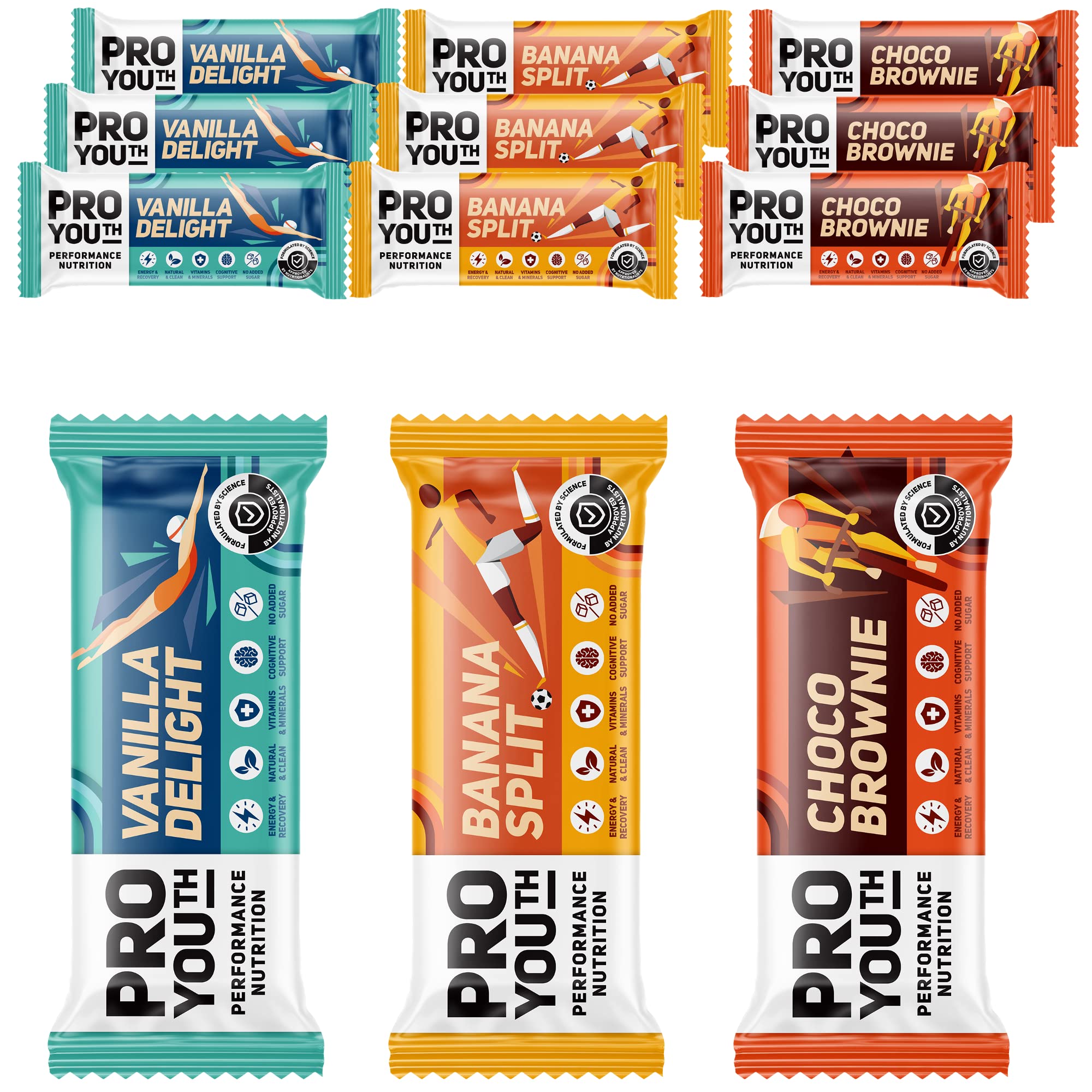 ProYouth Mixed Pack Energy Bars with Whey Protein - Healthy Energy Bar for Kids - Lunch Box Healthy Snack - Natural Protein Bars - Chocolate, Vanilla & Banana (Mixed Box 12x60g Bars)