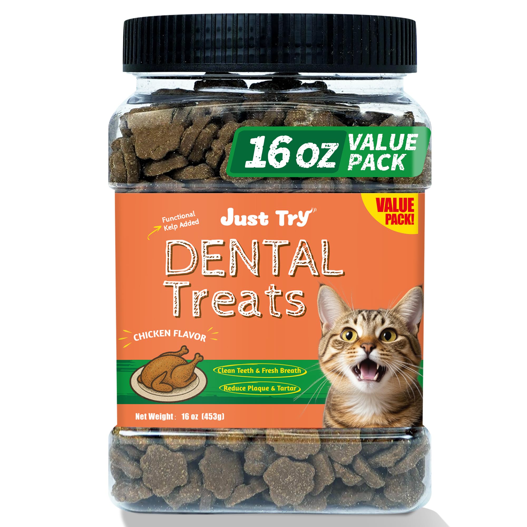 Just Try 16 OZ Dental Health Treats for Cats - Advanced Kelp Clean Teeth & Fresh Breath - Reduce Plaque & Tartar - Chicken Flavored Chews