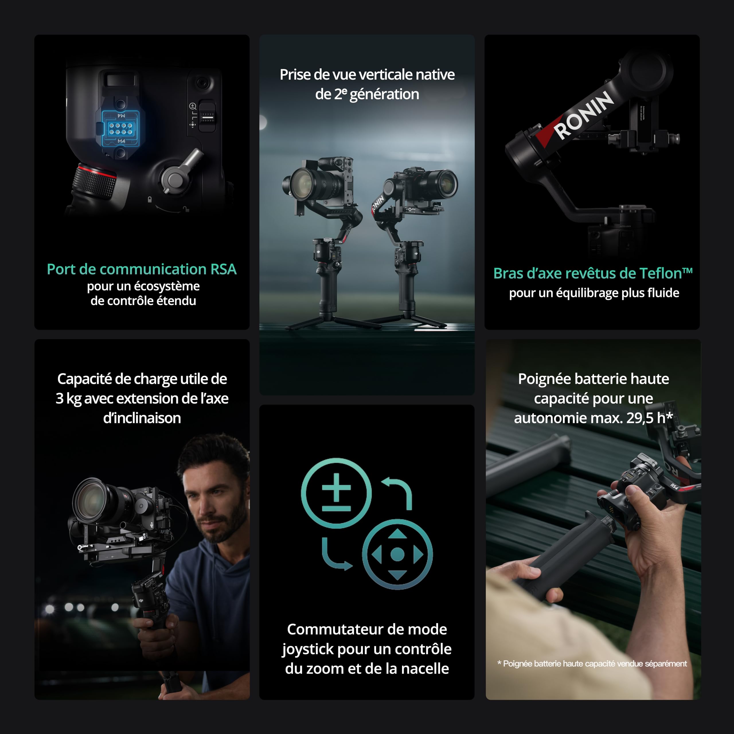 DJI RS 4, Stabilisateur Appareil Photo à 3 Axes pour Caméras DSLR et sans Miroir Canon/Sony/Panasonic/Nikon/Fujifilm, 2ᵉ gén, Prise Verticale Native, Joystick à 2 Modes, Bras en Téflon, Nacelle Caméra