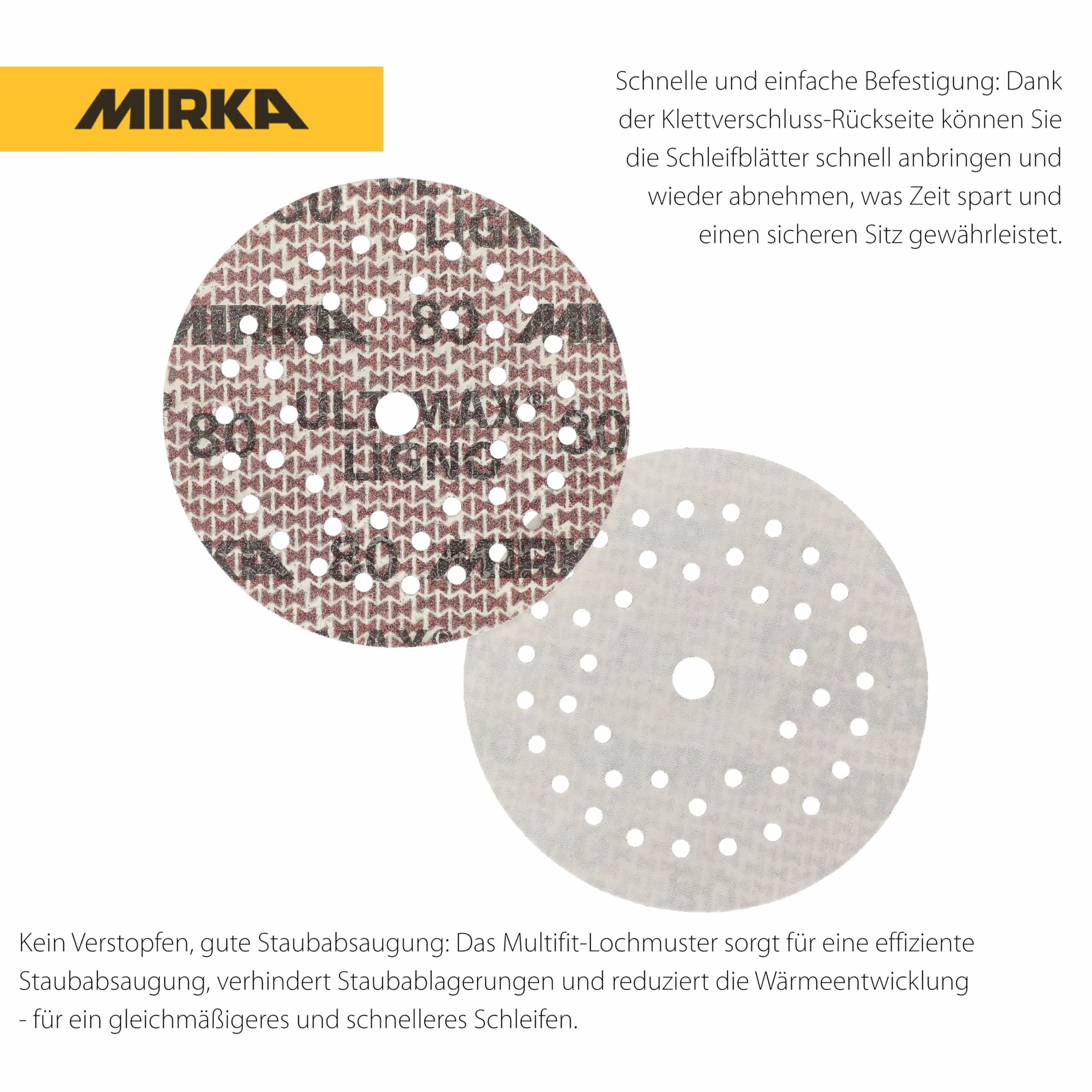 Mirka tarcze szlifierskie Ultimax Ligno 125 mm rzep Multifit | Tarcze szlifierskie z ziarnem 80 do drewna z multiperforacją kompatybilne z szlifierkami mimośrodowymi i oscylacyjnymi
