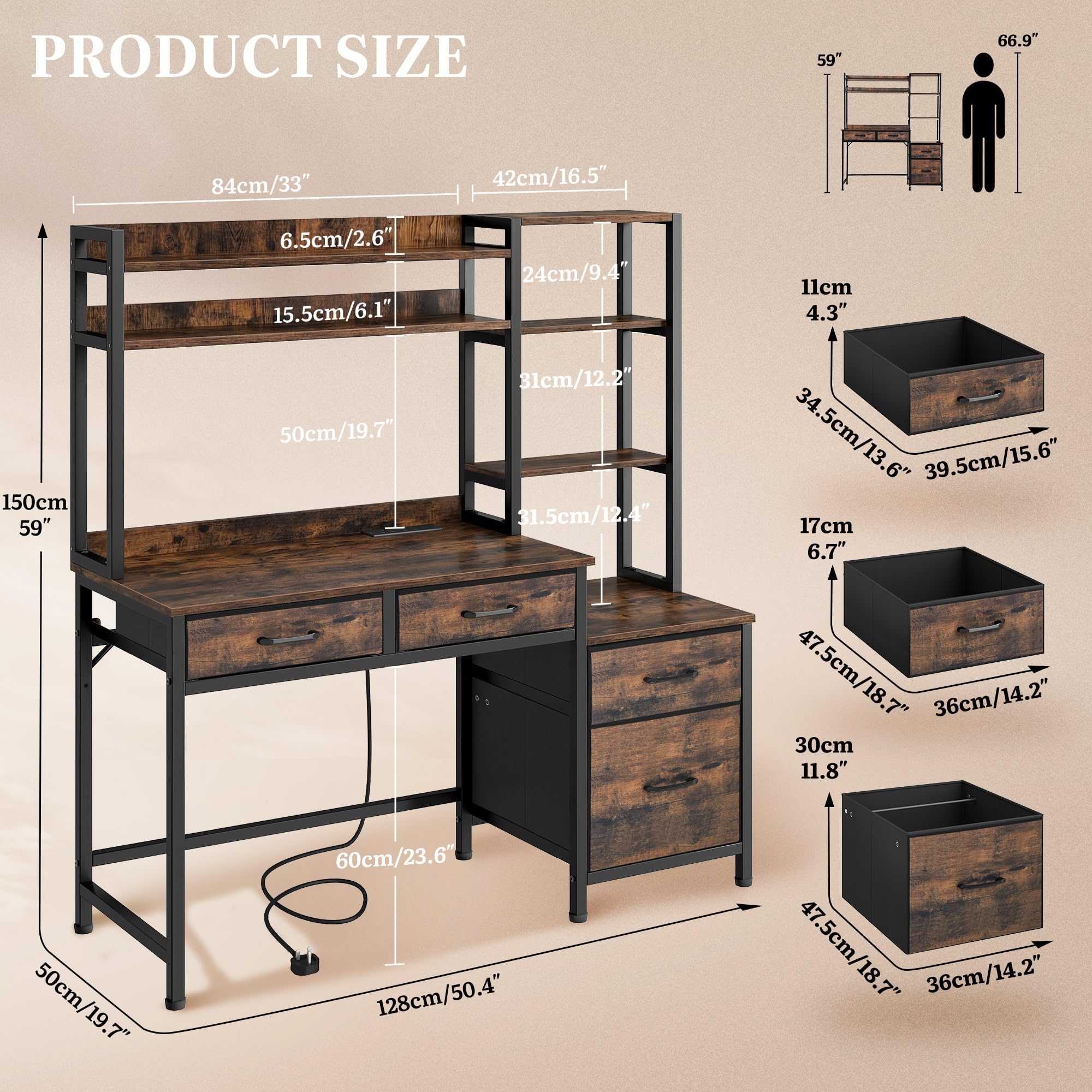 YITAHOME Computer Schreibtisch mit Schubladen, 128 x 50 x 150 cm Computertisch Aufbewahrungen & Regale, Gaming Tisch Arbeitsstationen mit LED Licht & Steckdosen, Home Office Eckschreibtisch, Braun