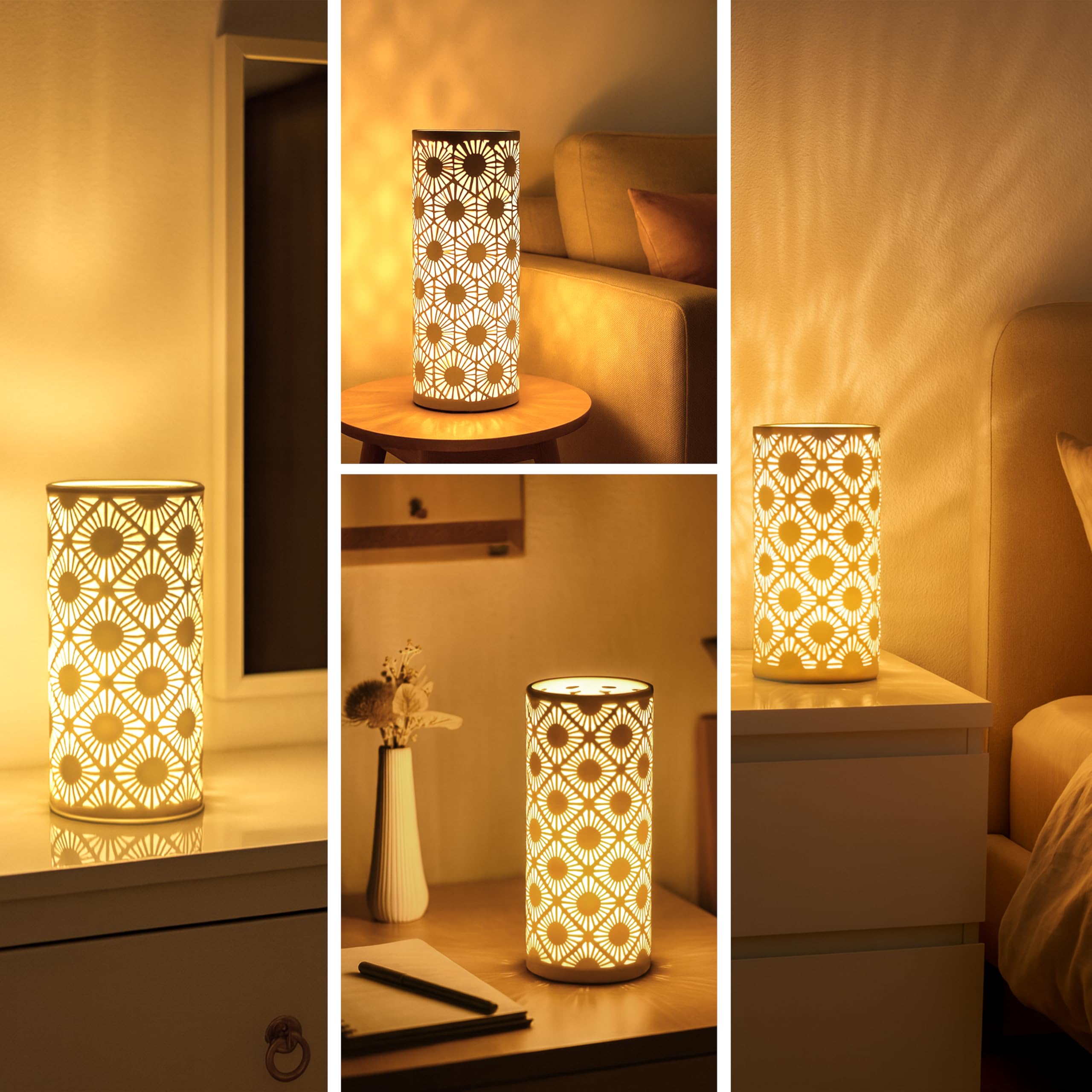 Lampada da Tavolo in Ceramica Con LED 6 Watt, Decorativa da Comodino, Bianca, Illuminazione Decorativa (Cilindro)