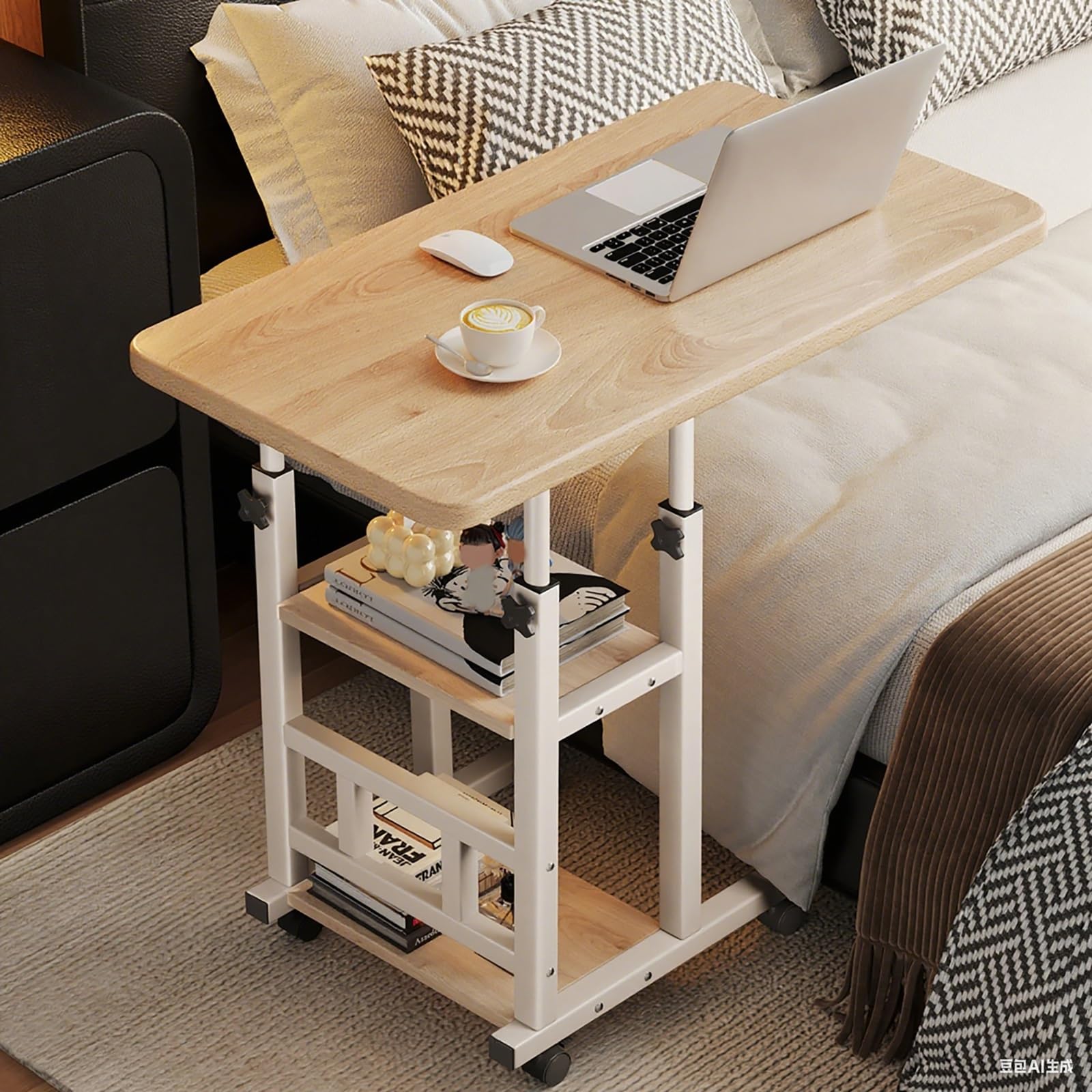SXZenSpace Adjustable Overload Table on WheelsHeight Laptop Desk 6591CM Bedside Sofa for Reading/Breakfast (Beige 60cm/23.6in)