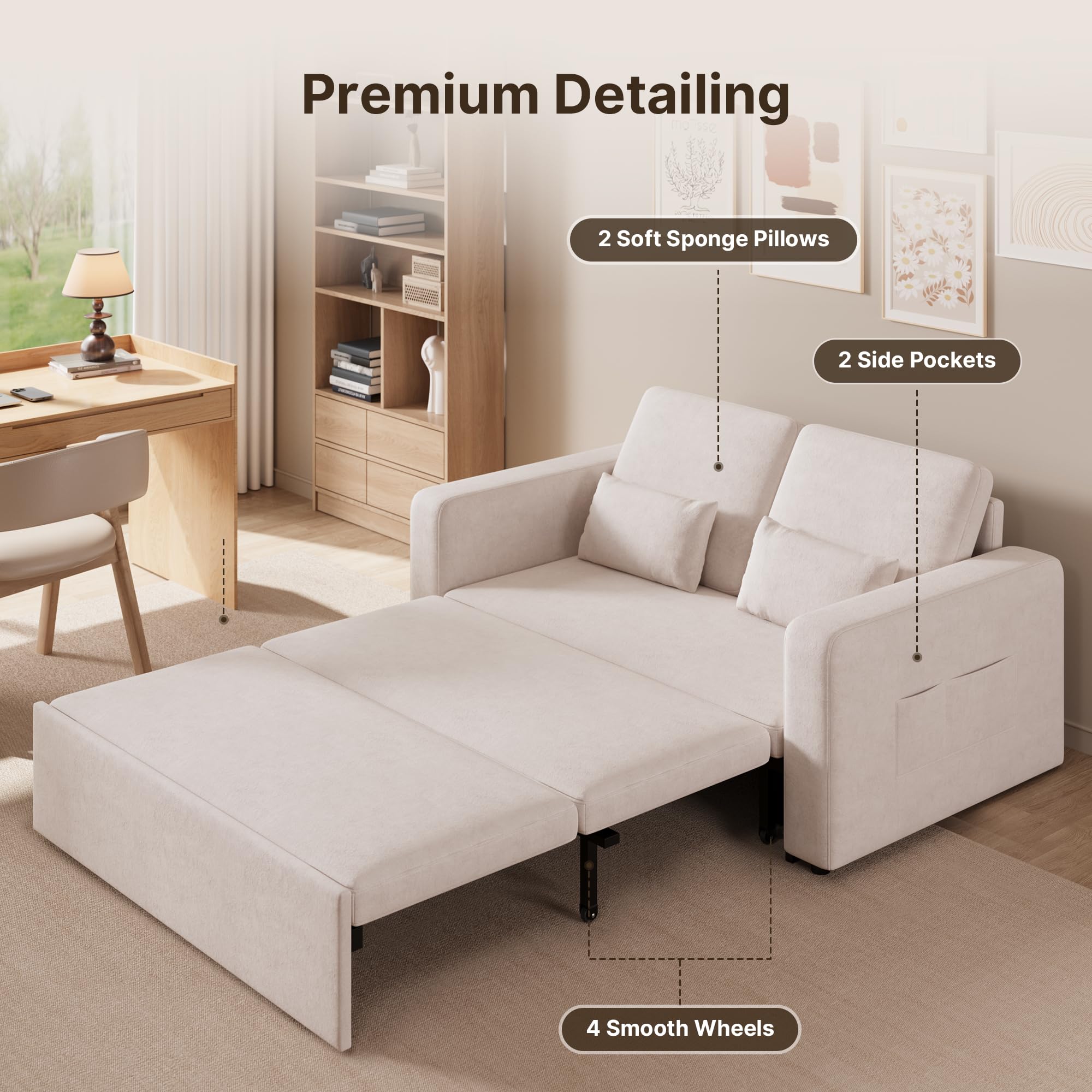 Xbro Sofa Cama 2 Plazas, Sillón Convertible 3 en 1 con Cama, Dos Bolsillos de Almacenamiento, Tapizado en Terciopelo, 147 x 196 x 87cm, Incluye Dos Cojines,Beige