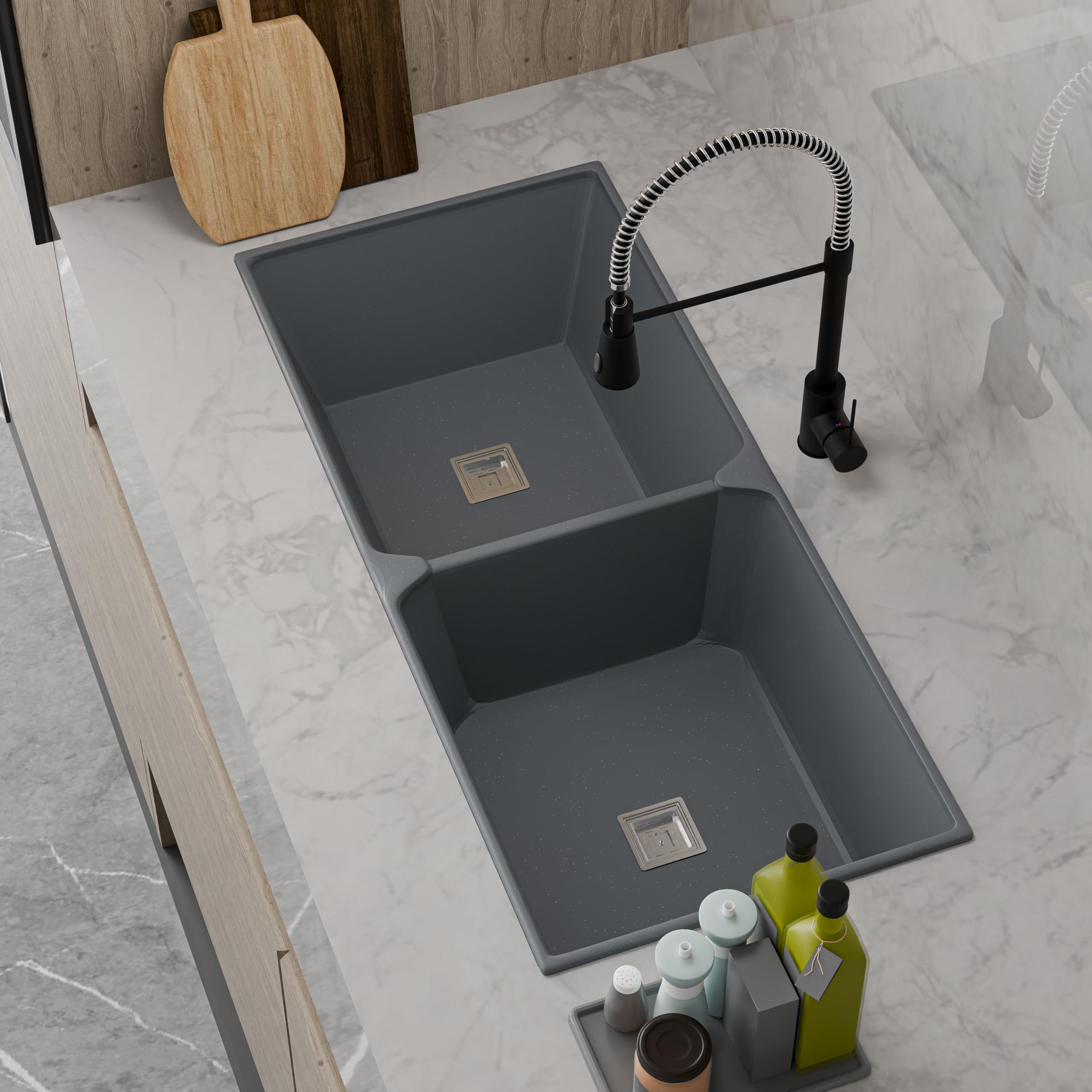 HISRE Double Bowl Quartz Kitchen Sink 45x20x9 Inches | Spacious Deep Basin, Durable Scratch-Resistant, Noise-Reducing, Easy-to-Clean Sink for Modern Kitchens | Gray, photo 3 of 5