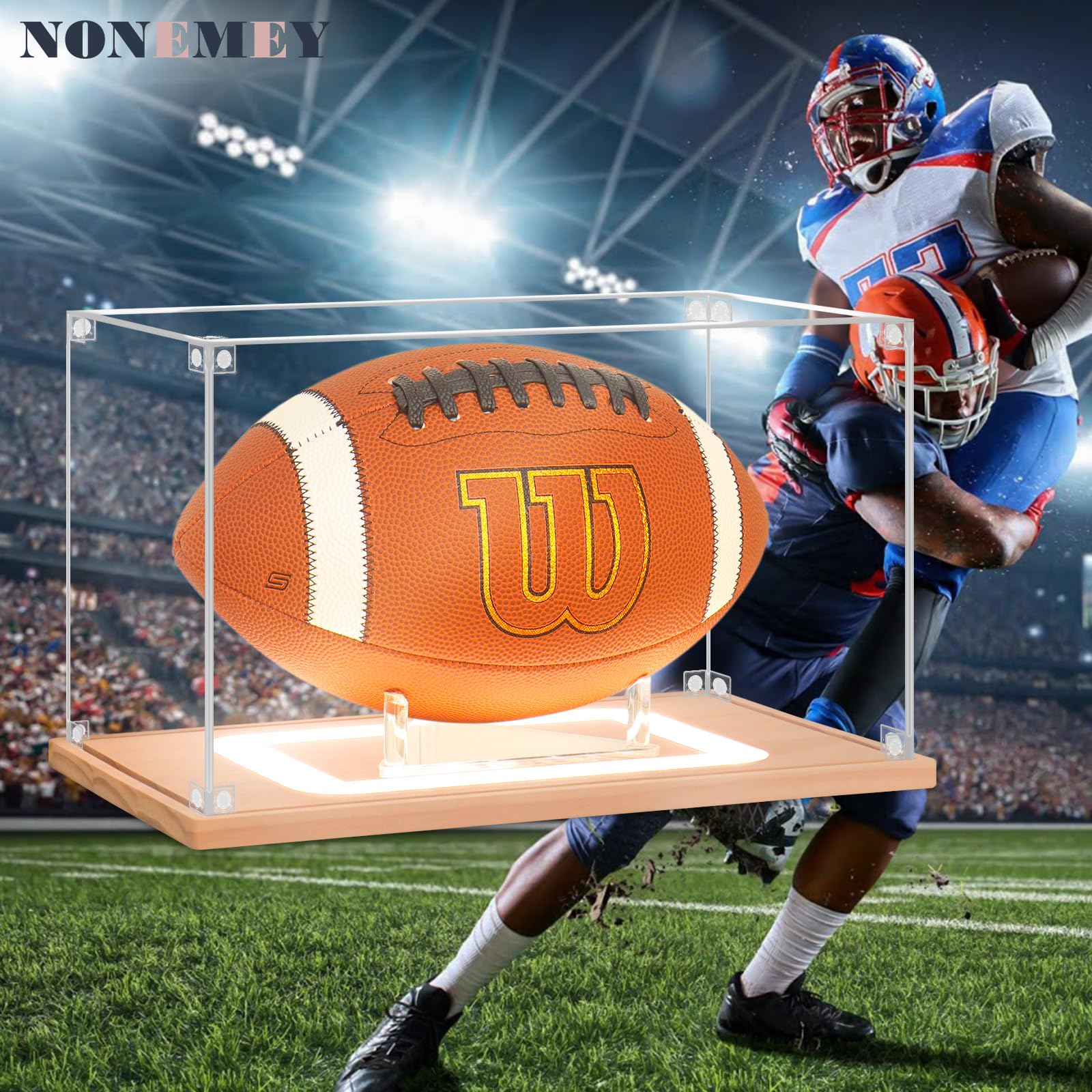 Nonemey Football Display Case with Colorful Light,Acrylic Soccer Box Full Size with Wood Base - Image 3