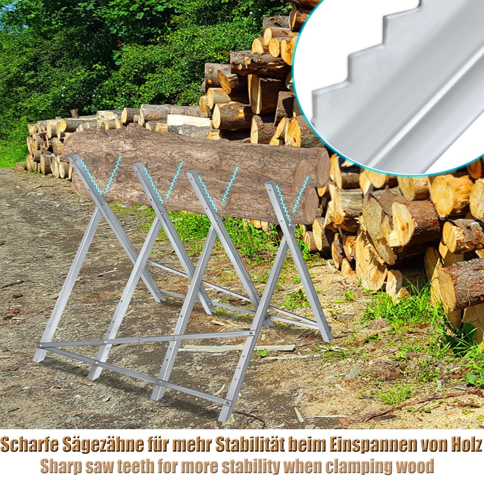 LZQ Sägebock für Kettensägen Holz, 150 kg Tragfähigkeit mit Achteckige Zahnsäge, Klappbar Holzsägebock Sägeböcke aus Metall für Kettensägen und Handsägen, 82 x 80,5 x 79cm