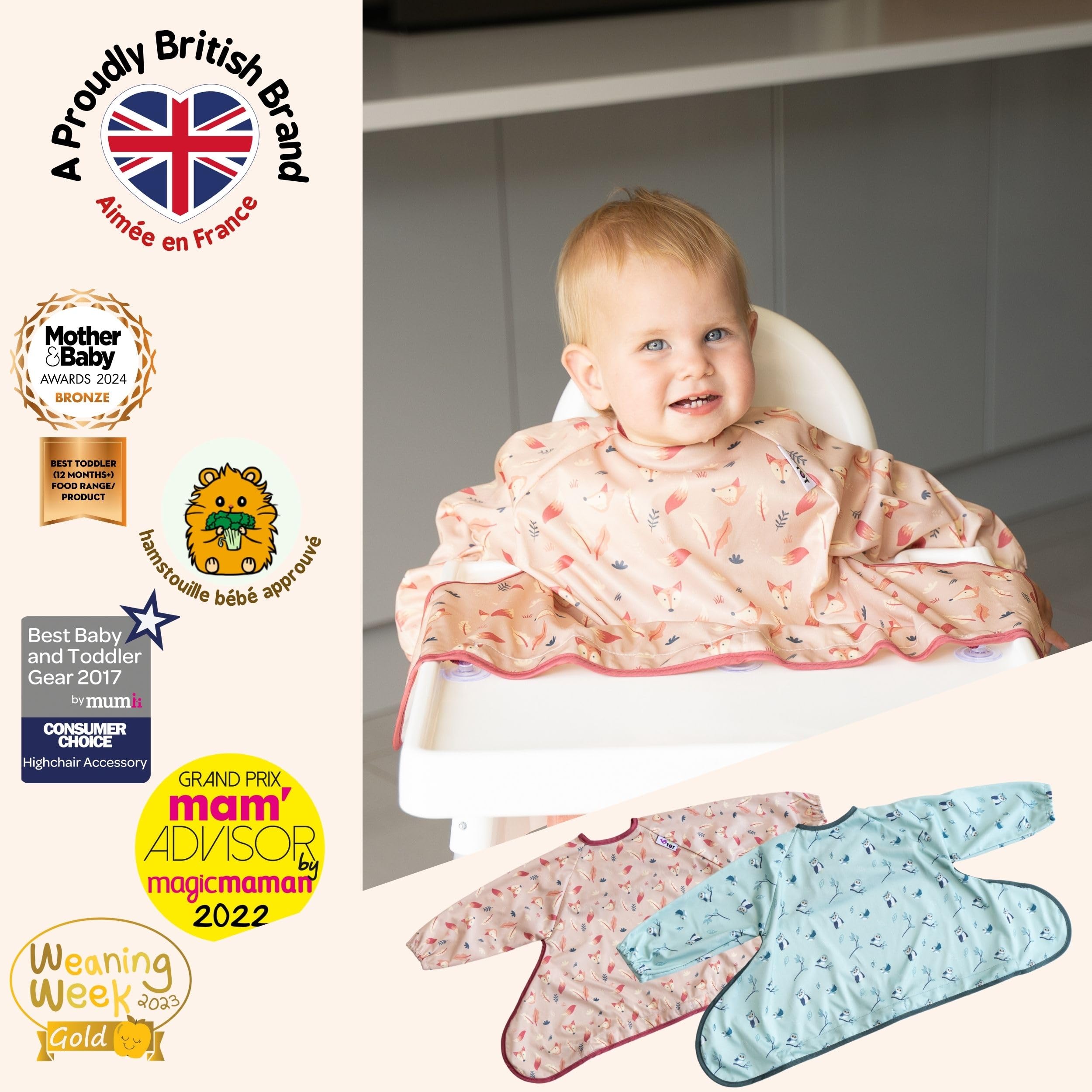 Tidy Tot®™ Cover & Catch™ Weaning Bib with Sleeves. Attaches to Highchairs with Suction for Mess Proof Baby Feeding. Waterproof Long Sleeved Bibs. Coverall BLW Bibs - Image 2