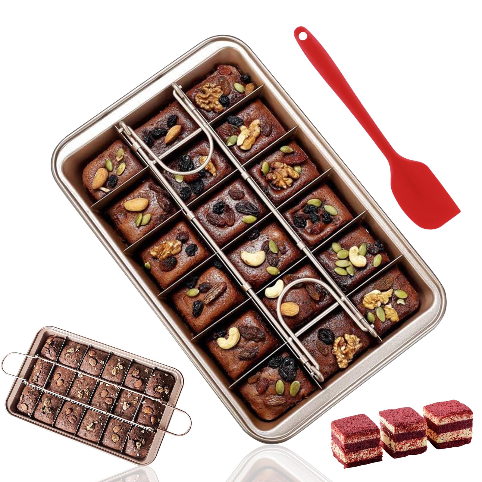 ZONJIENon Stick Brownie Pans with Dividers, 18-Cavity High Carbon Steel Brownie Baking Tray for for Oven Baking with Built-in Slicer & Rack for Professional Slices