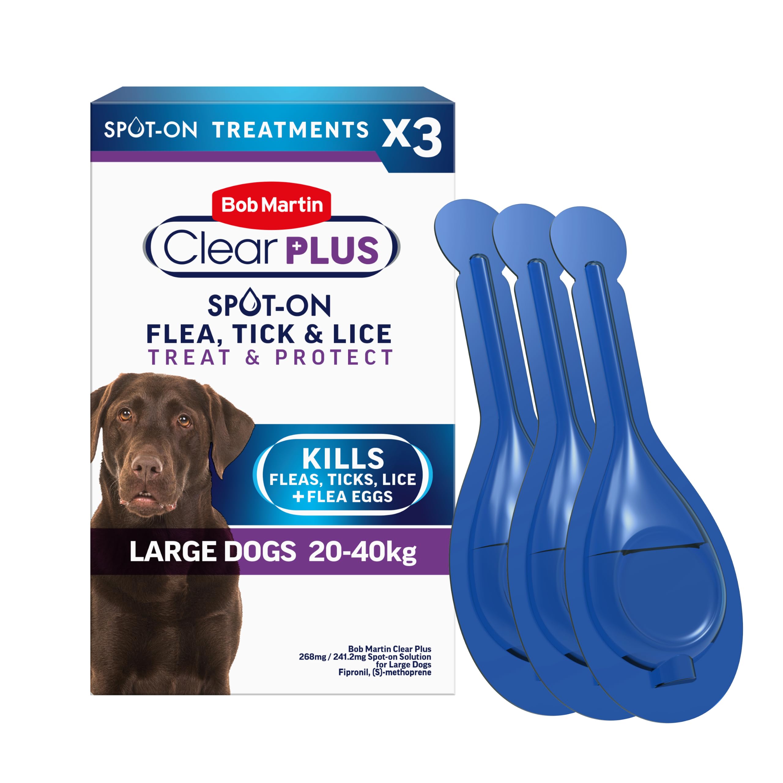 Bob Martin Clear Plus Spot On Flea Treatment for Large Dogs (20-40kg) - Kills Fleas, Ticks, Lice and Flea Eggs (3 Pipettes)