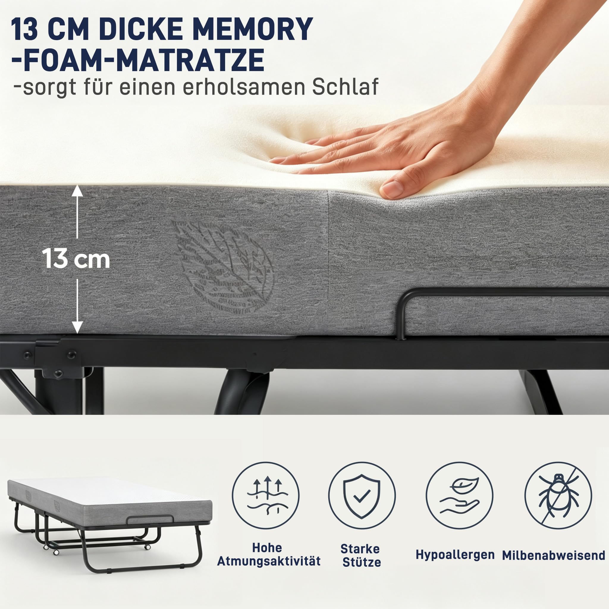 ACXIN Klappbett 90x200 cm Gästebett Klappbar für Erwachsene – Metallbettgestell mit 13 cm Memoryschaum-Matratze, Faltbares Reisebett mit Rollen, Belastbar bis 200 kg
