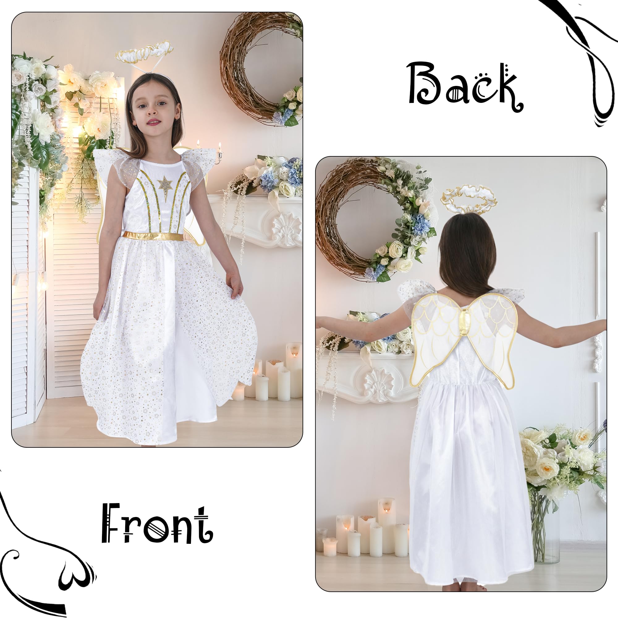 Wizland Glimmering Elegance Girls' White Angel Costume with Golden-Accented Halo and Wings - Image 3