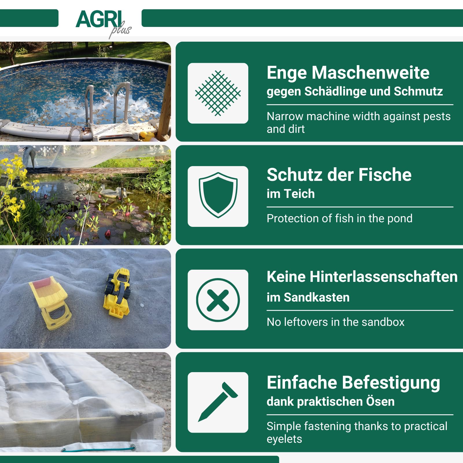 AGRI plus Universalnetz für Sandkasten, Pool & Teich | 2,5 x 3,5 m | Verschiedene Maße | Netz engmaschig 0,8 x 0,8 mm I Abdecknetz mit Ösen I Schutznetz UV-beständig & wasserdurchlässig